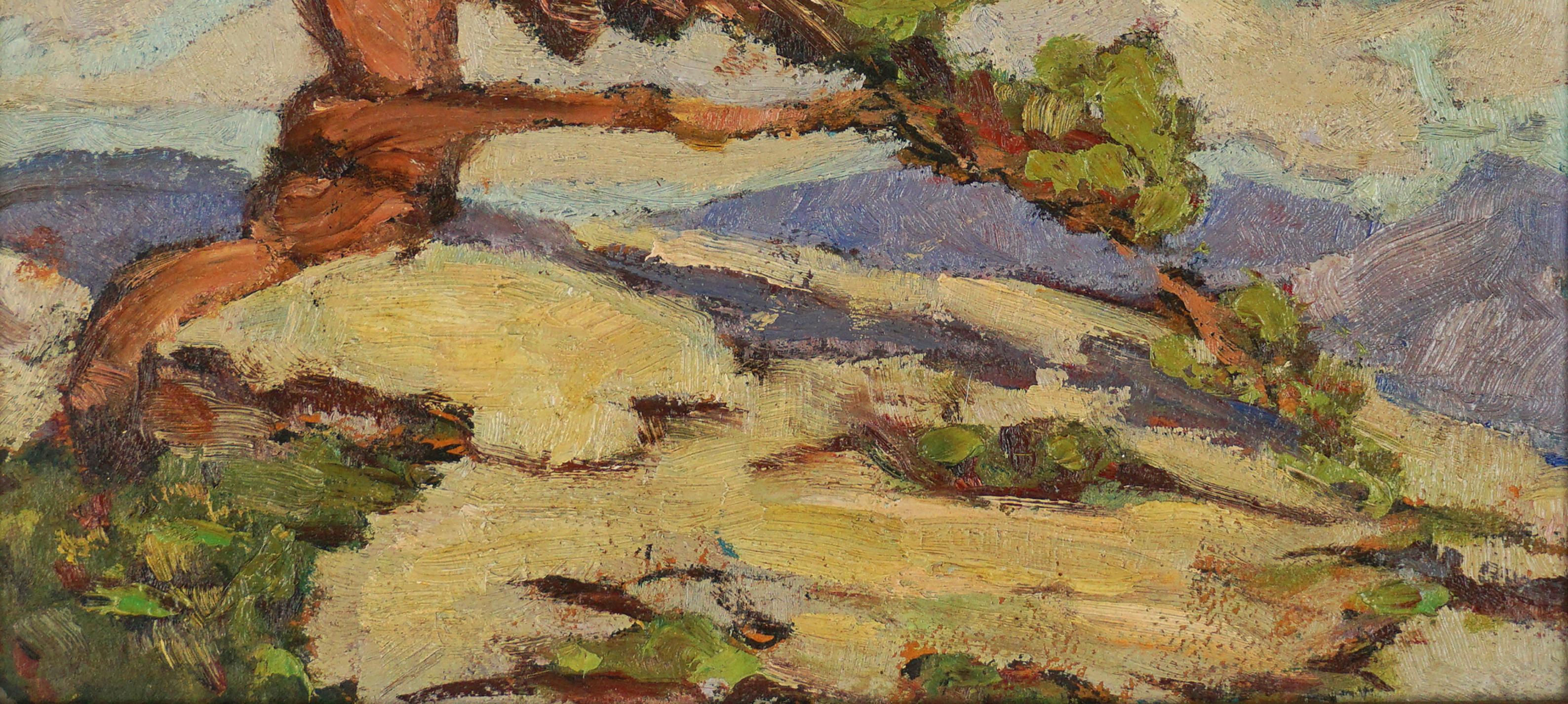 Wonderful California plein air painting in painterly impressionistic style of lone Cypress by Central Valley, California artist Barbara Tucker (American, 20th Century), 1945. Signed and dated on verso. Condition: Good; professionally cleaned.