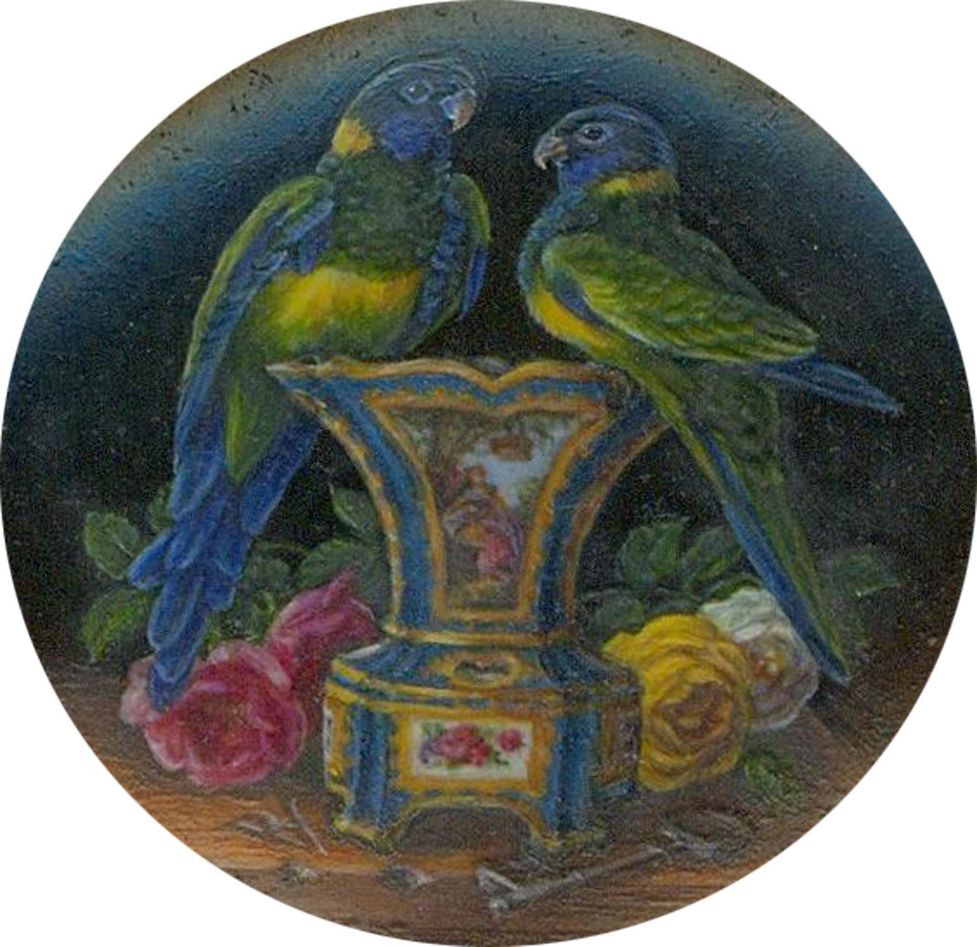 Barbara Valentine RMS - Contemporary Oil Miniature, Parrots on a Sevres Vase 2