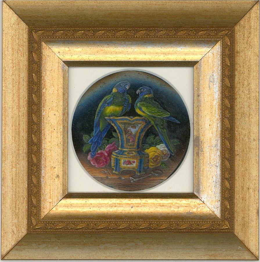Barbara Valentine RMS - Contemporary Oil Miniature, Parrots on a Sevres Vase 3