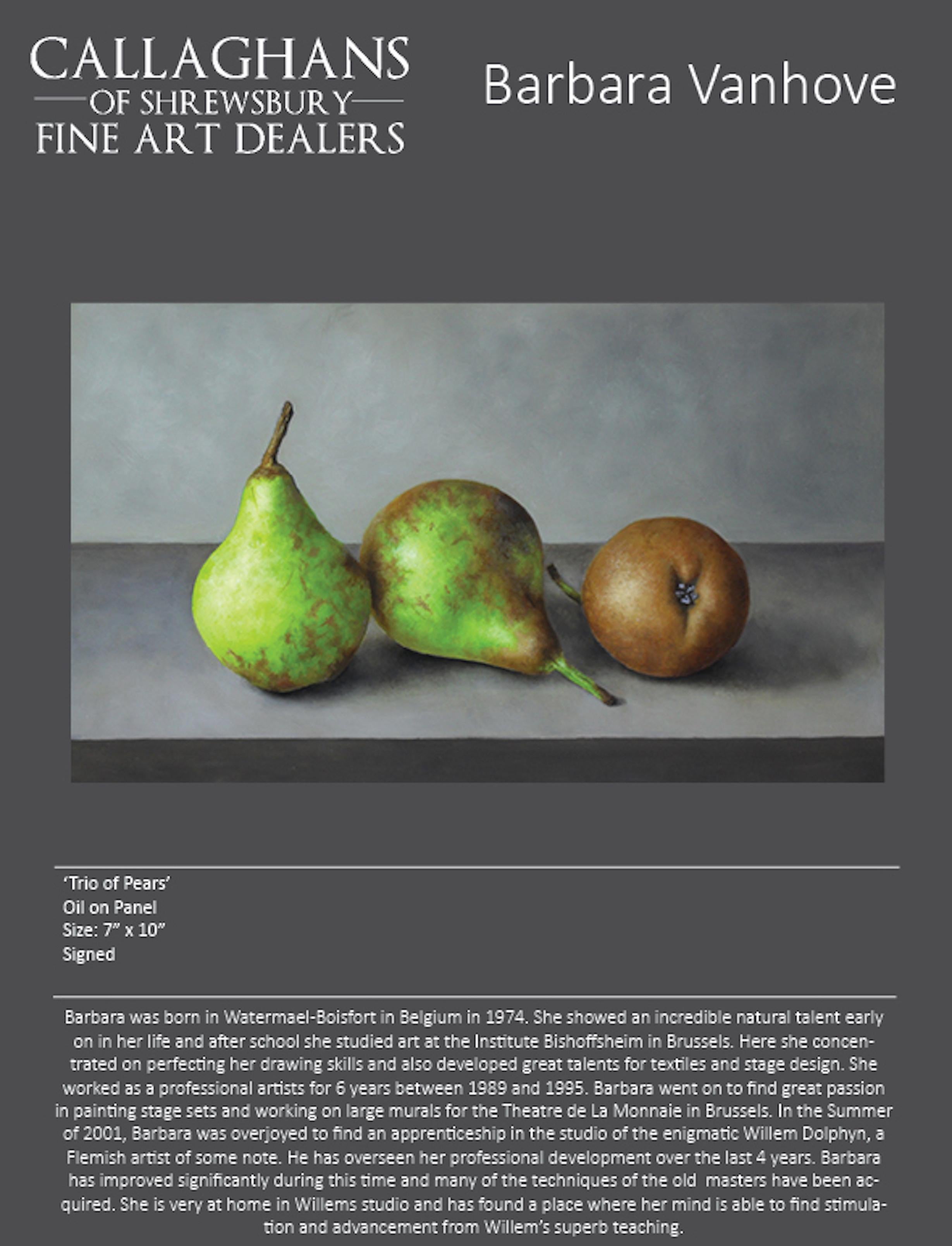 Trio of Pears is a stunning Still Life painting that would make a welcome addition to anyones collection. 

The soft green hues work beautifully with the soft grey background. The detail in the pears are exquisite. You could almost pick them up and
