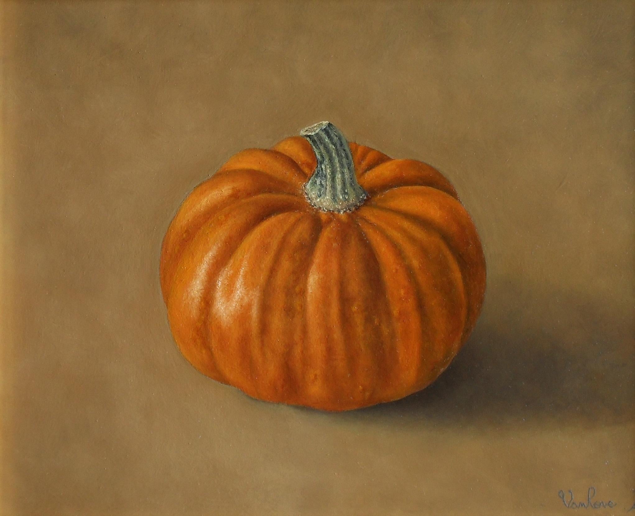 Barbara Vanhove Still-Life Painting - 'Halloween Pumpkin' Photorealist Still life painting of an orange pumpkin