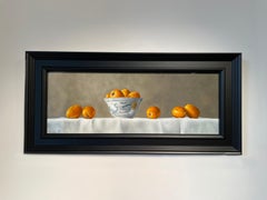 'Loquats & Chinese Bowl' Contemporary photorealist still life painting, yellow