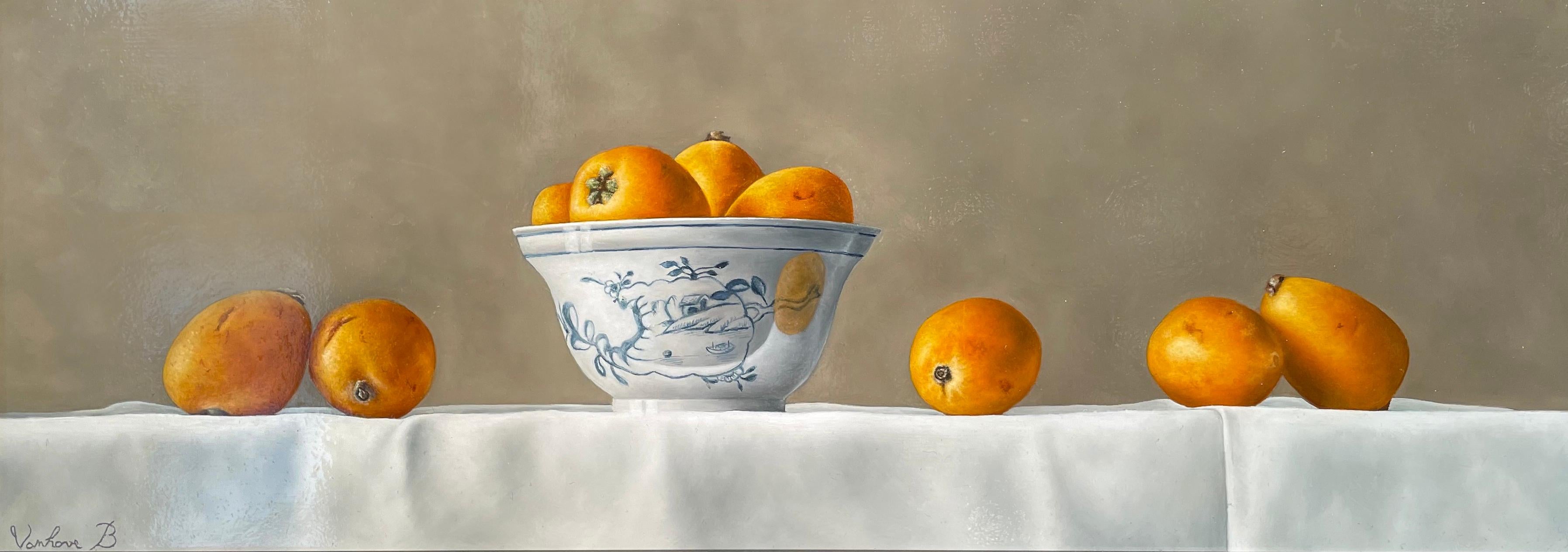 Barbara Vanhove Still-Life Painting - 'Loquats & Chinese Bowl' Contemporary photorealist still life painting, yellow