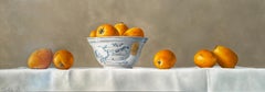 'Loquats & Chinese Bowl' Contemporary photorealist still life painting, yellow