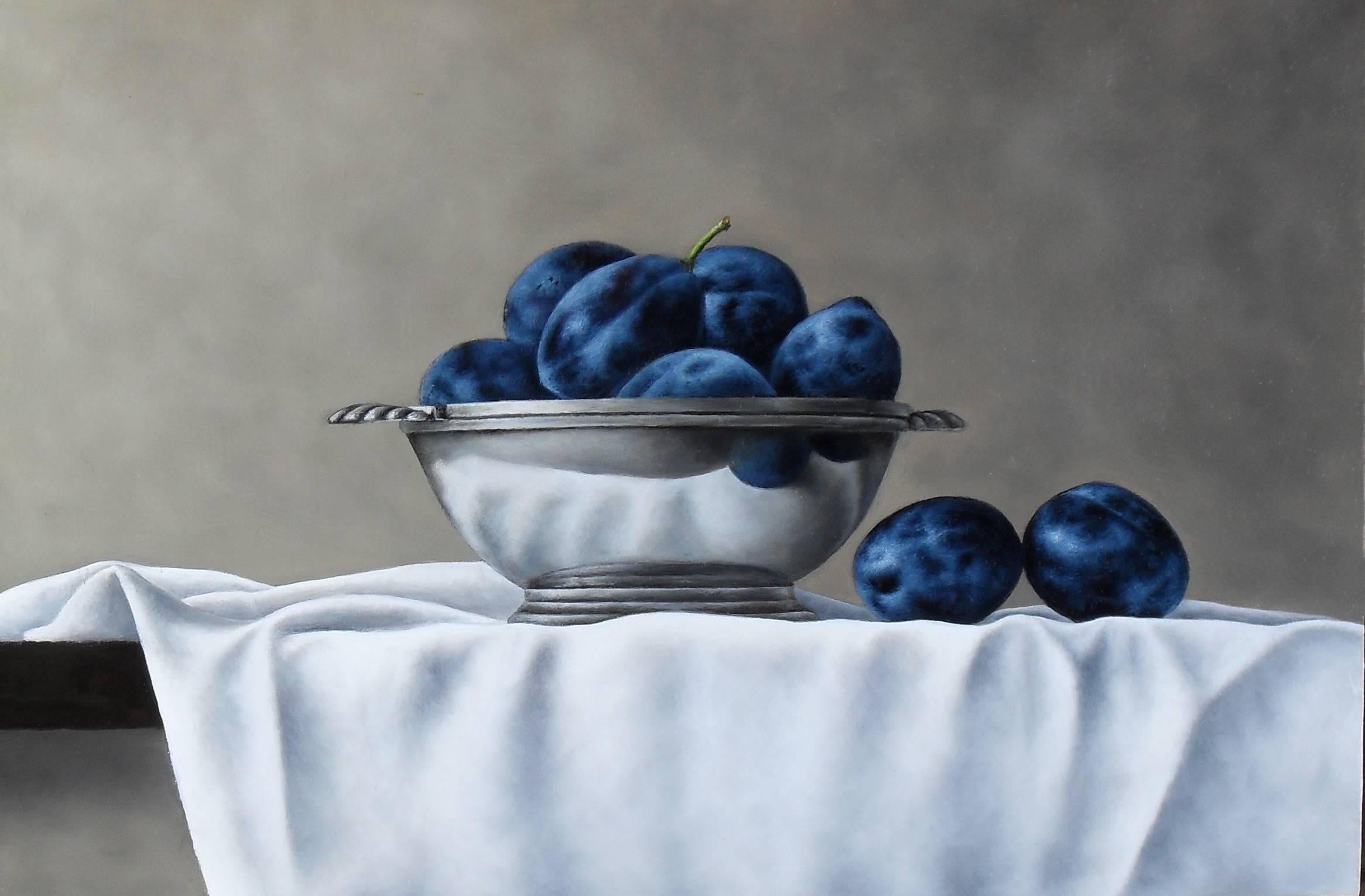 Still-Life Painting 'Damson Reflection' by Barbara Vanhove depict such an incredible artistic skill. You can almost pick up the damsons to pop in your mouth. Barbara Vanhove is a contemporary still life artist and is renowned for her unique still