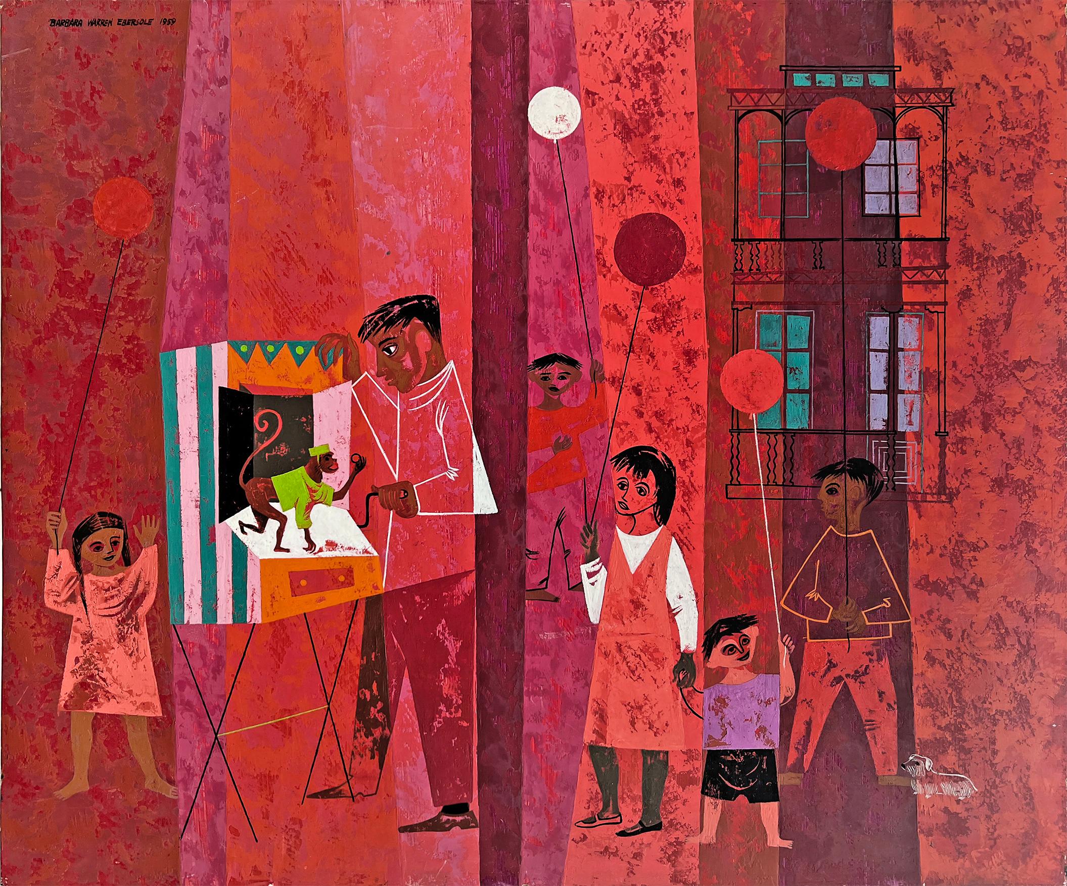Scène de fête pour enfants du milieu du siècle Red and Orange, amérindien