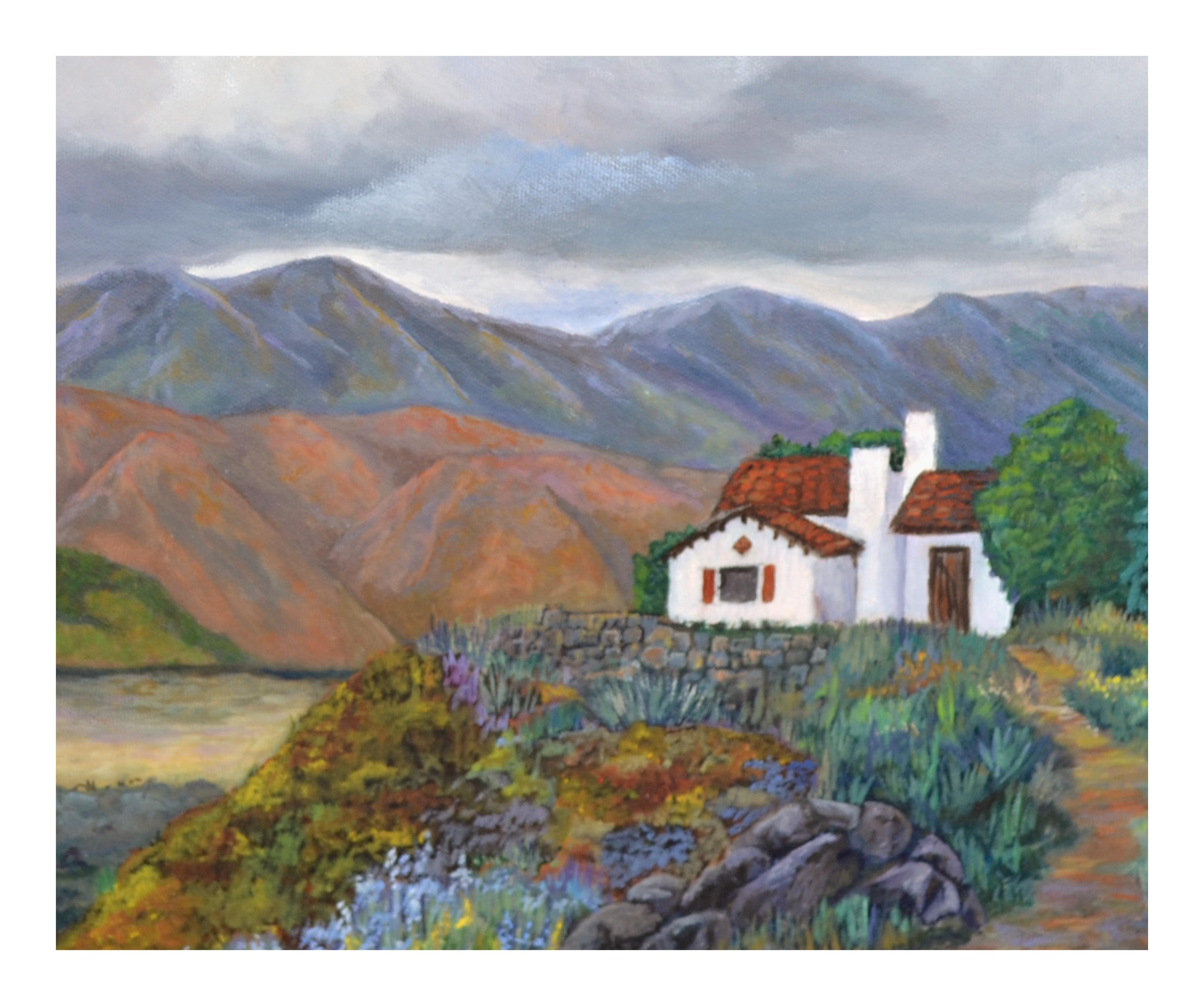 Desert Home - Paesaggio di metà secolo in olio su tela - Painting di Barbara Wilson