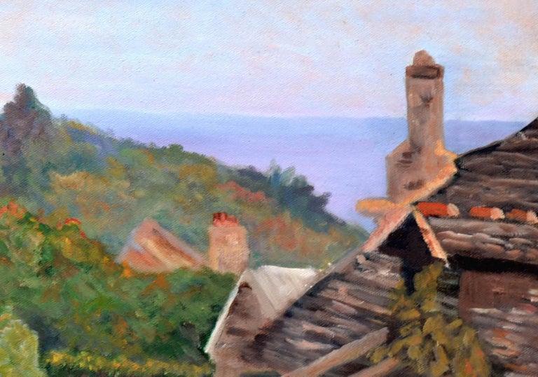 Beautiful landscape of an oceanside villa on a lush hillside overlooking the sea with a small figure by Barbara Wilson (American, 20th Century). Unsigned and unframed. Image size, 16