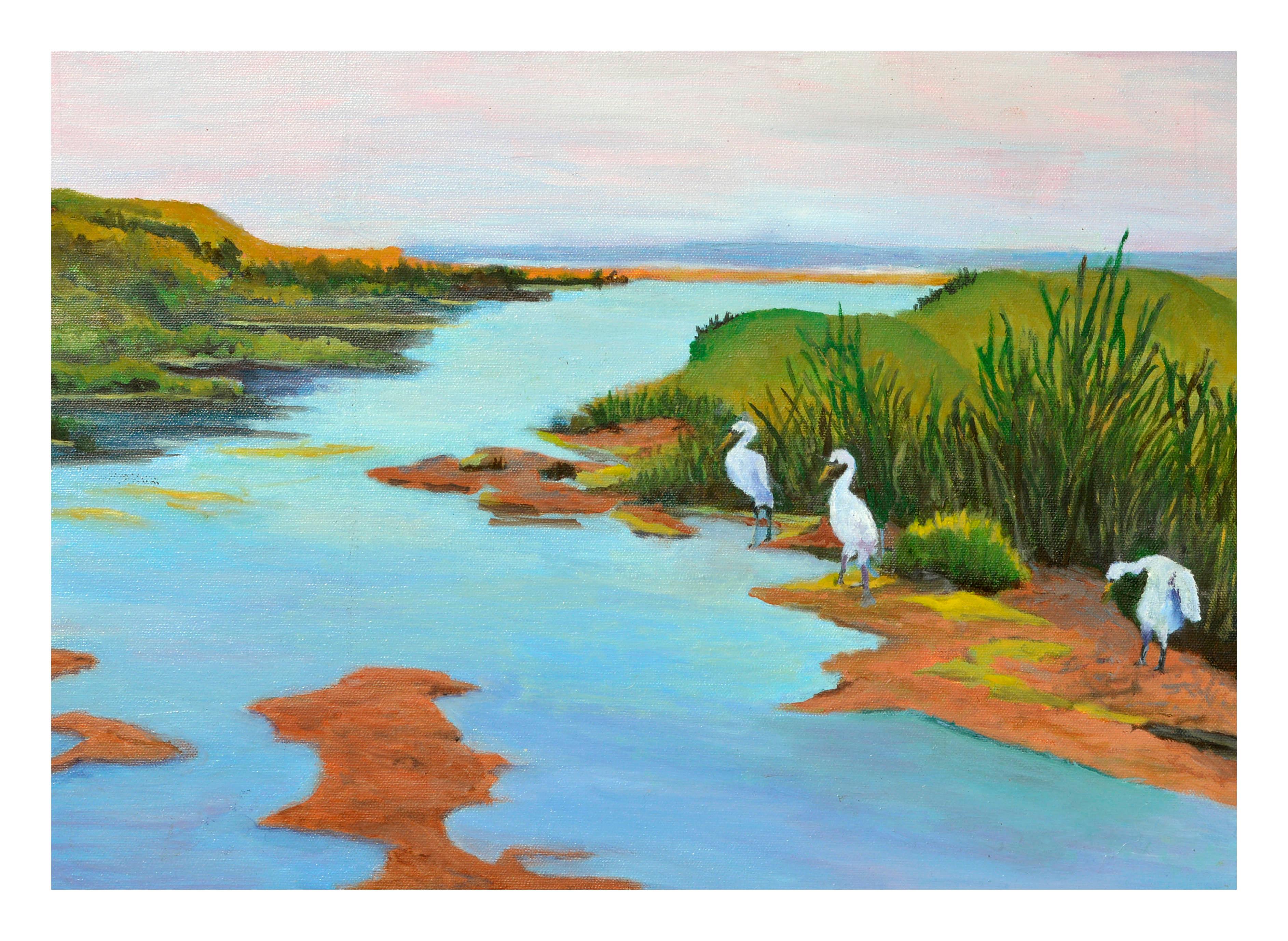 Three Cranes Coastal Landscape  - Painting by Barbara Wilson