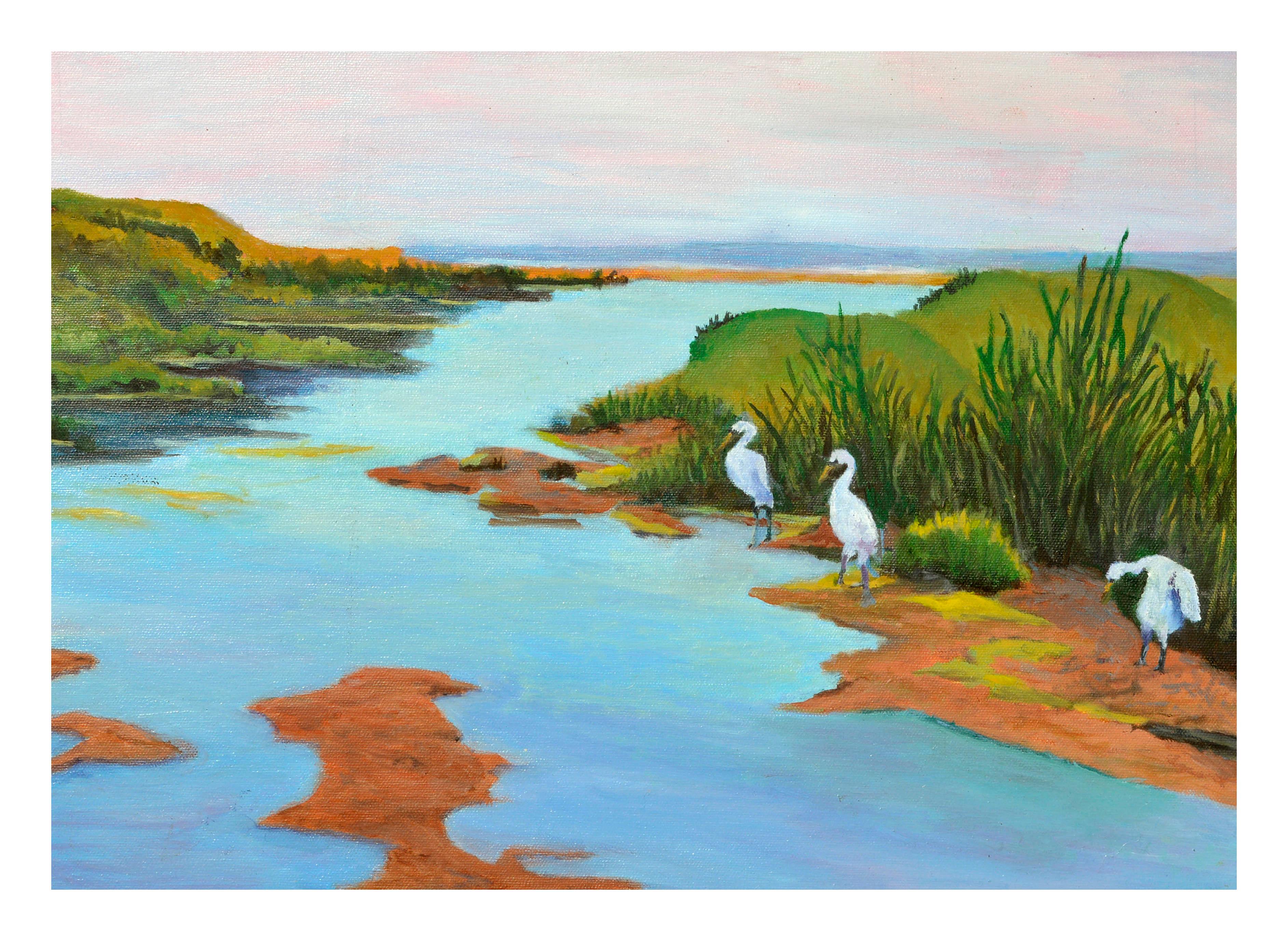 Tres grullas - Paisaje costero al óleo sobre lienzo - Painting de Barbara Wilson