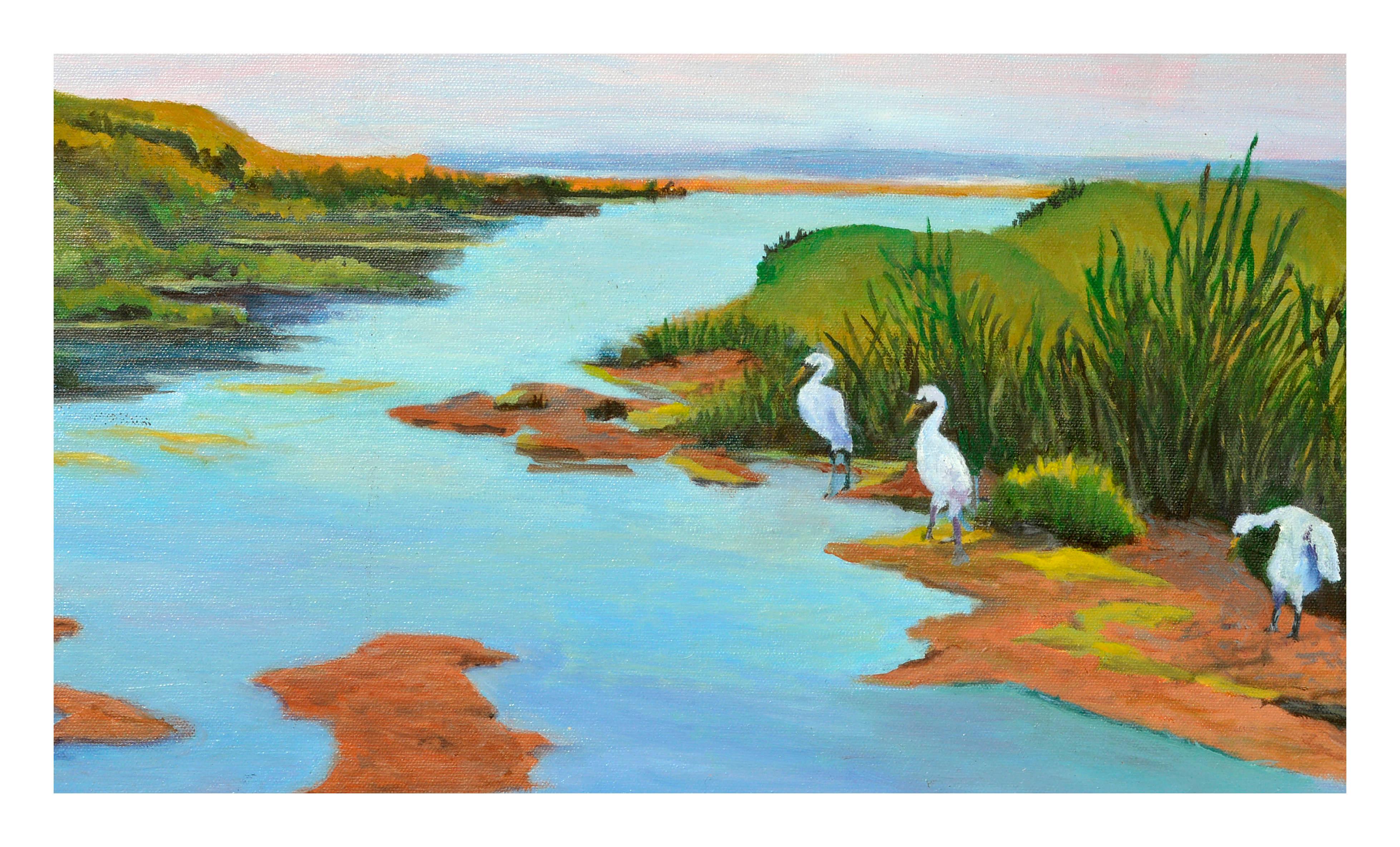 Tres grullas - Paisaje costero al óleo sobre lienzo - Painting impresionista estadounidense de Barbara Wilson