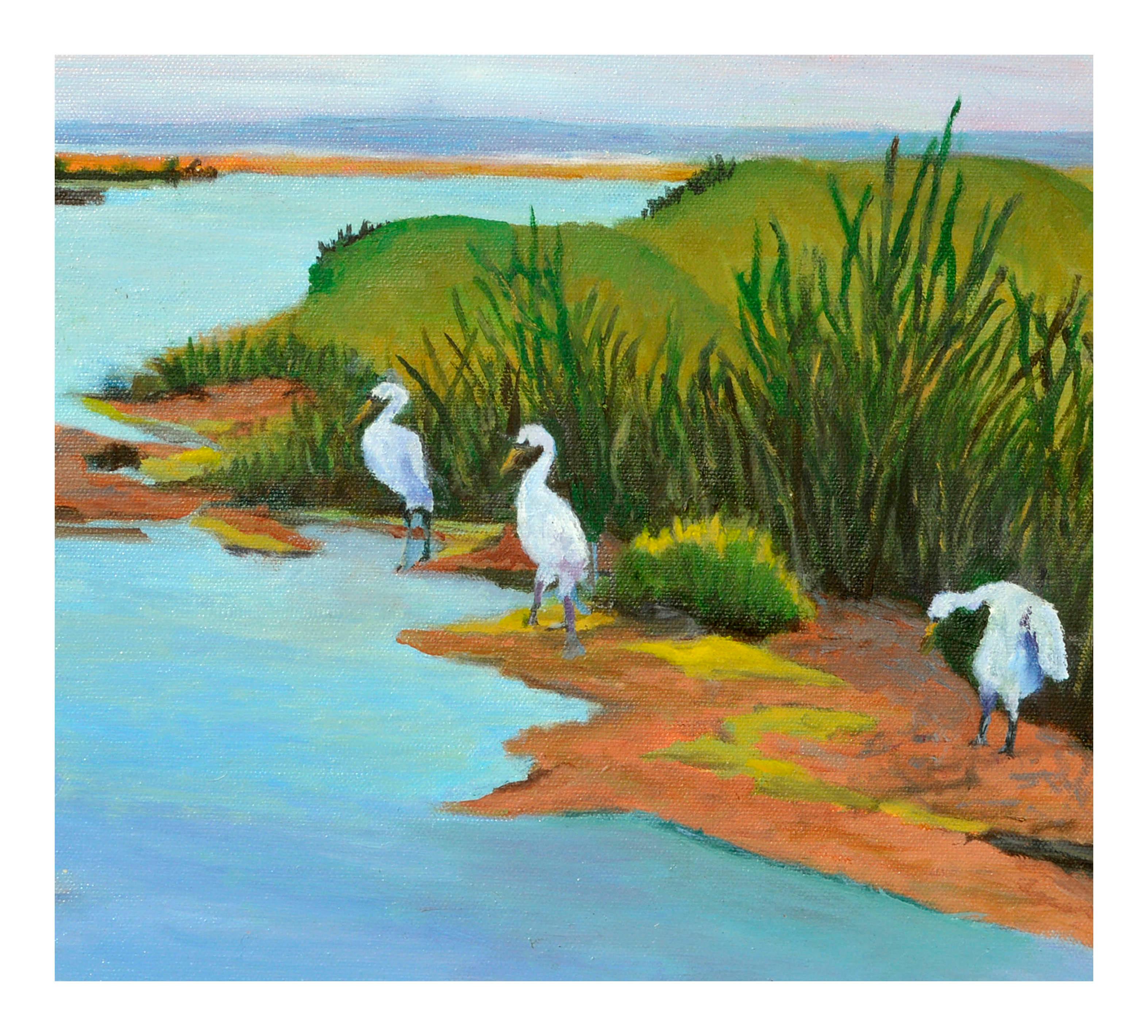 Tres grullas - Paisaje costero al óleo sobre lienzo - Animal Painting Azul de Barbara Wilson