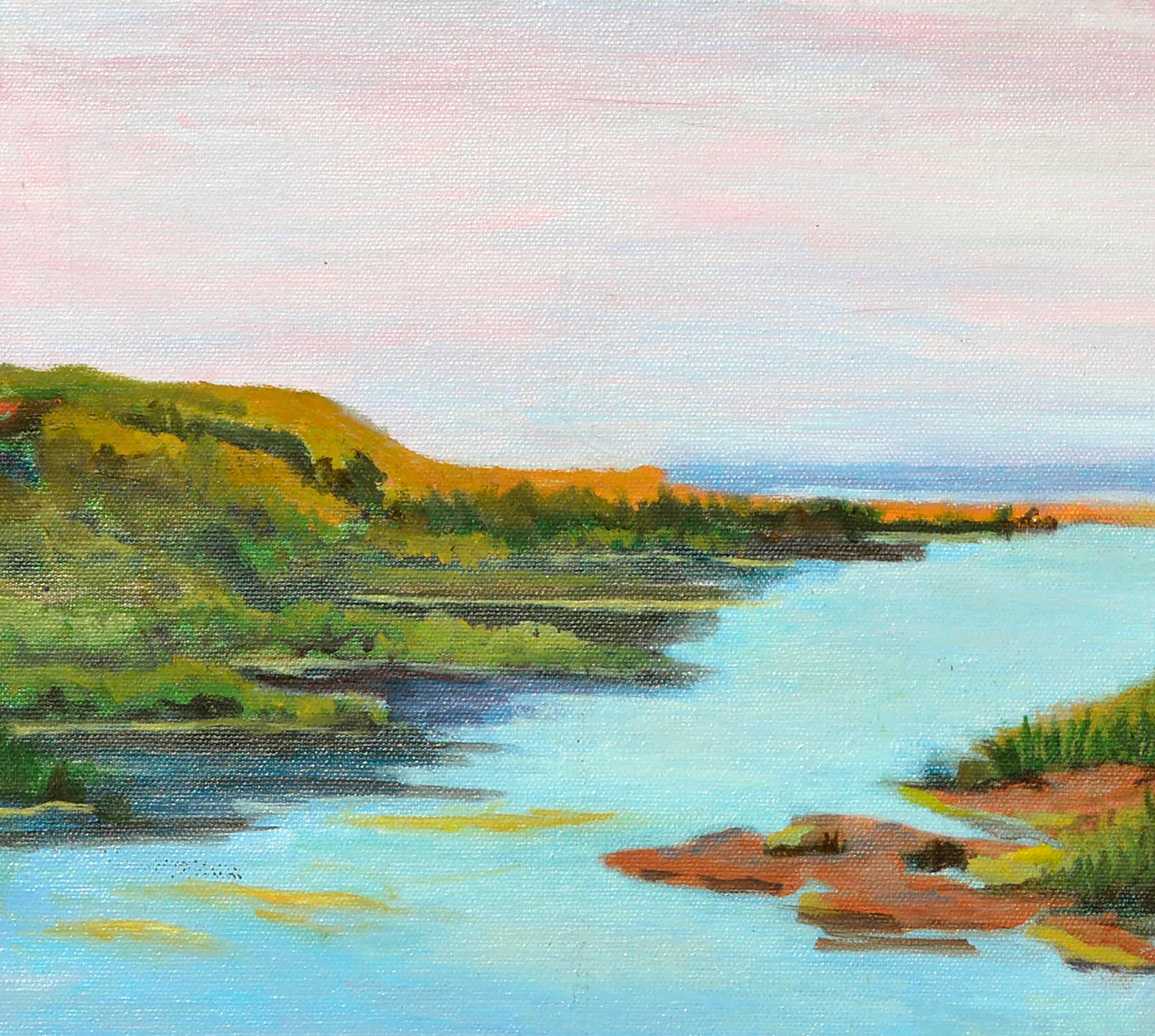 Tres grullas - Paisaje costero al óleo sobre lienzo

Vívido paisaje costero de tres grullas en un exuberante hábitat de humedales que se dirigen hacia un lejano océano, por Barbara Wilson (estadounidense, siglo XX). De una colección de sus obras,