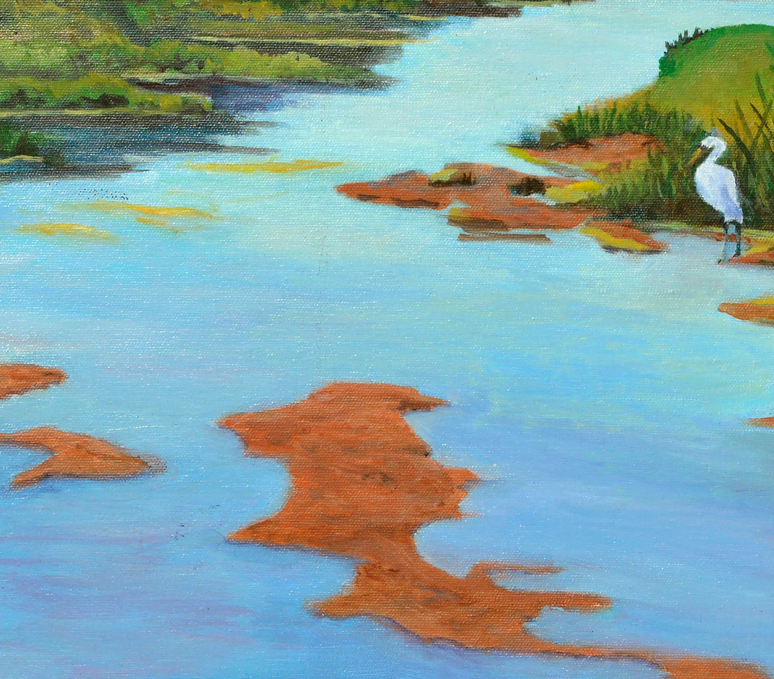 Tres grullas - Paisaje costero al óleo sobre lienzo en venta 1