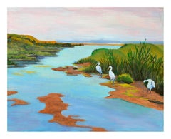 Three Cranes - Coastal Landscape in Oil on Canvas