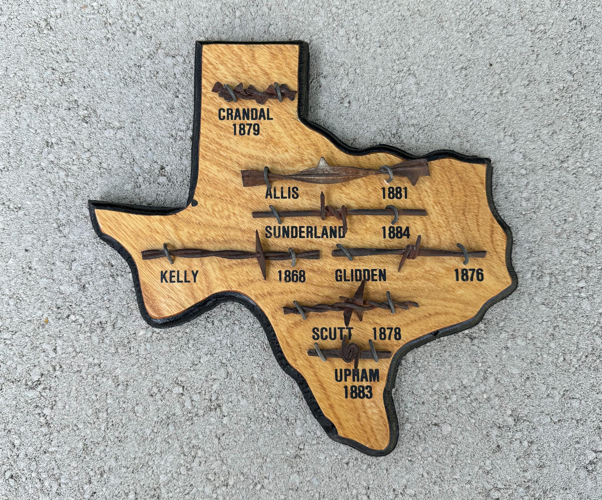  Barbed Wire Collection / Display Mounted on a Texas Shaped Plaque.