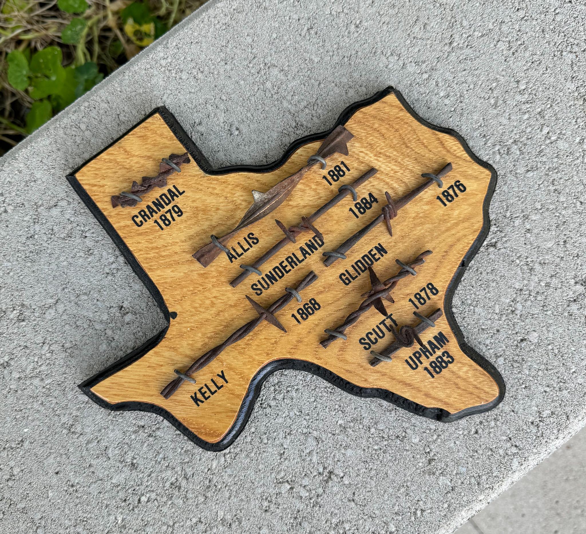 Folk Art Barbed Wire Collection / Display Mounted on a Texas Shaped Plaque For Sale