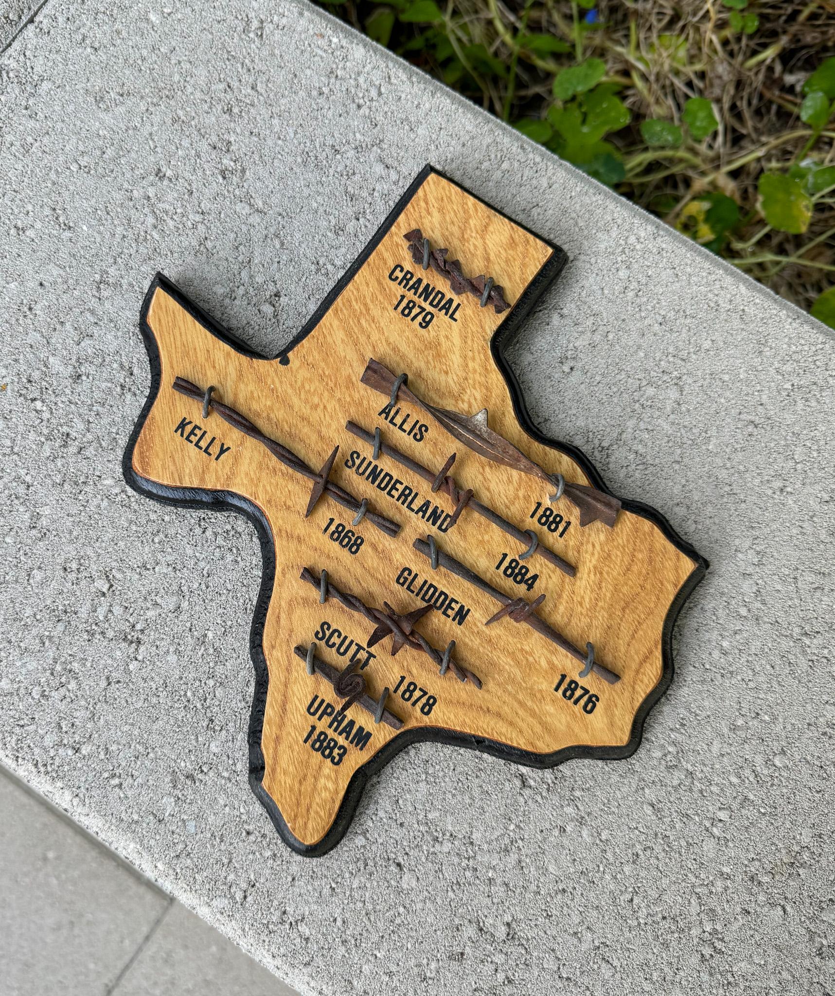 American Barbed Wire Collection / Display Mounted on a Texas Shaped Plaque For Sale
