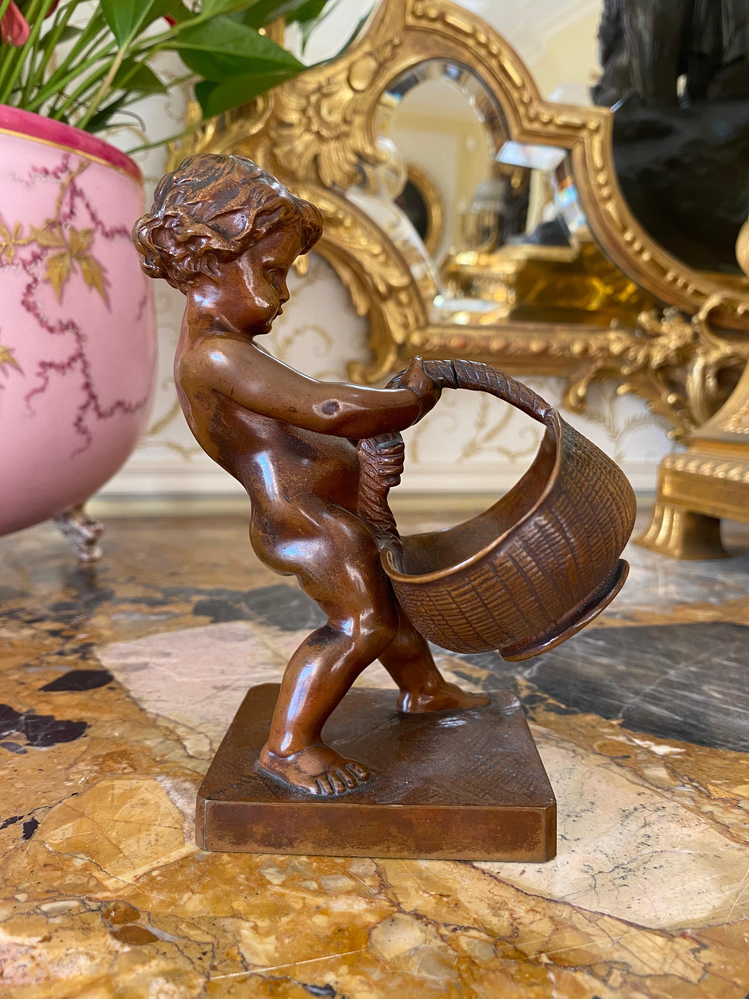 Barbedienne & Barrias, Bronze, Child with Basket, 19th Century In Good Condition In Beaune, FR