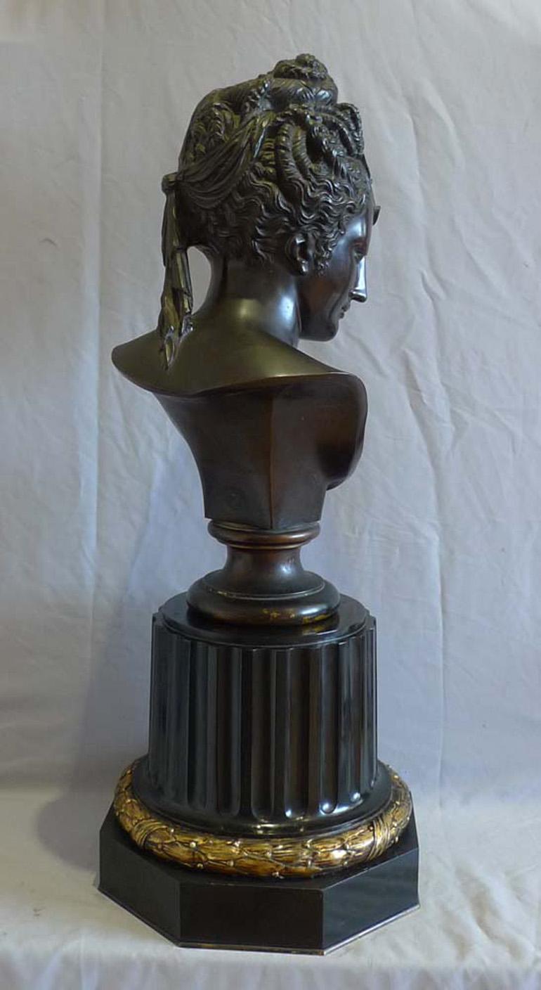 Barbedienne bronze bust of classical lady on ormolu mounted black marble base. In Good Condition For Sale In London, GB