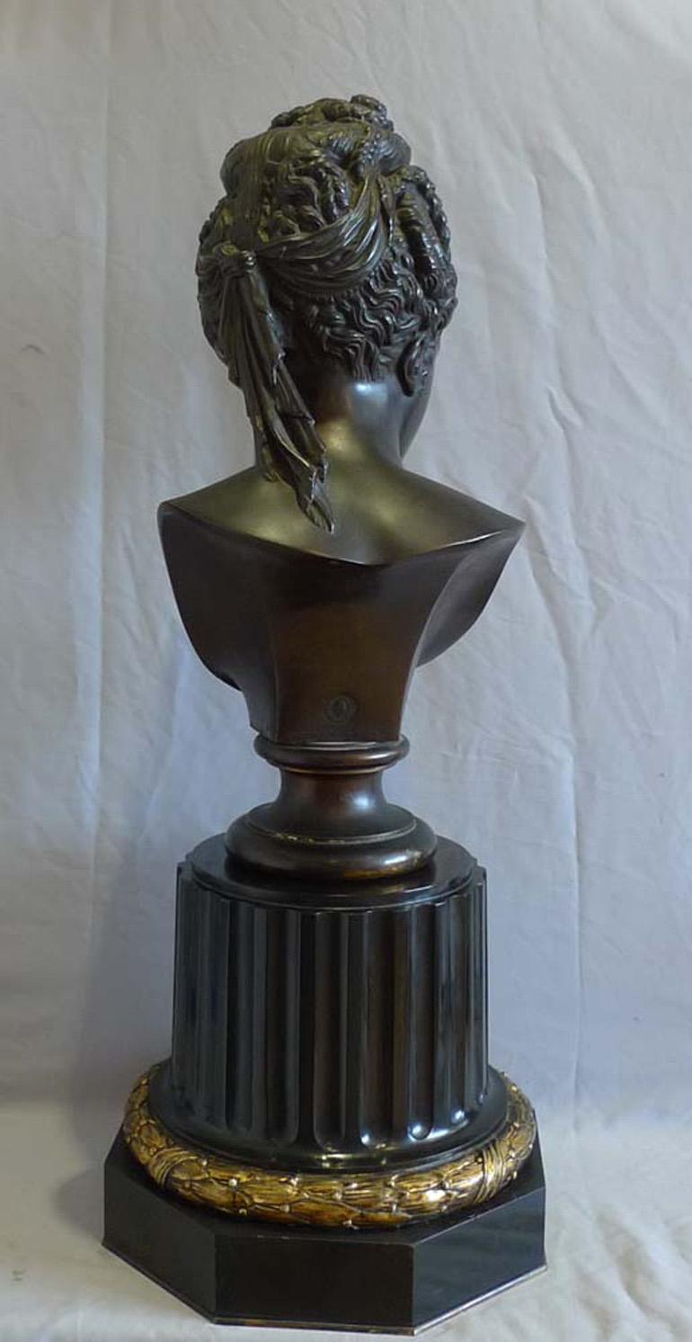 Late 19th Century Barbedienne bronze bust of classical lady on ormolu mounted black marble base. For Sale