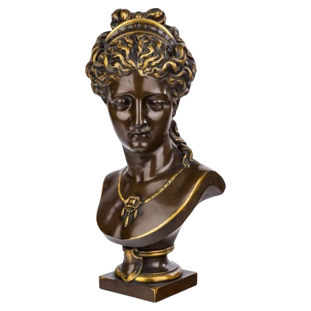 Neoclassical Revival Barbedienne Bronze Neoclassical Female Bust by Eugene Aizelin Dated 1870 For Sale