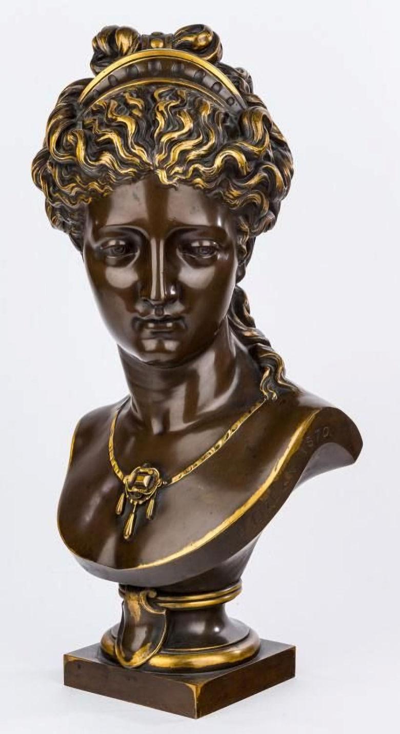 Doré Buste féminin néoclassique Barbedienne en bronze d'Eugène Aizelin daté de 1870 en vente