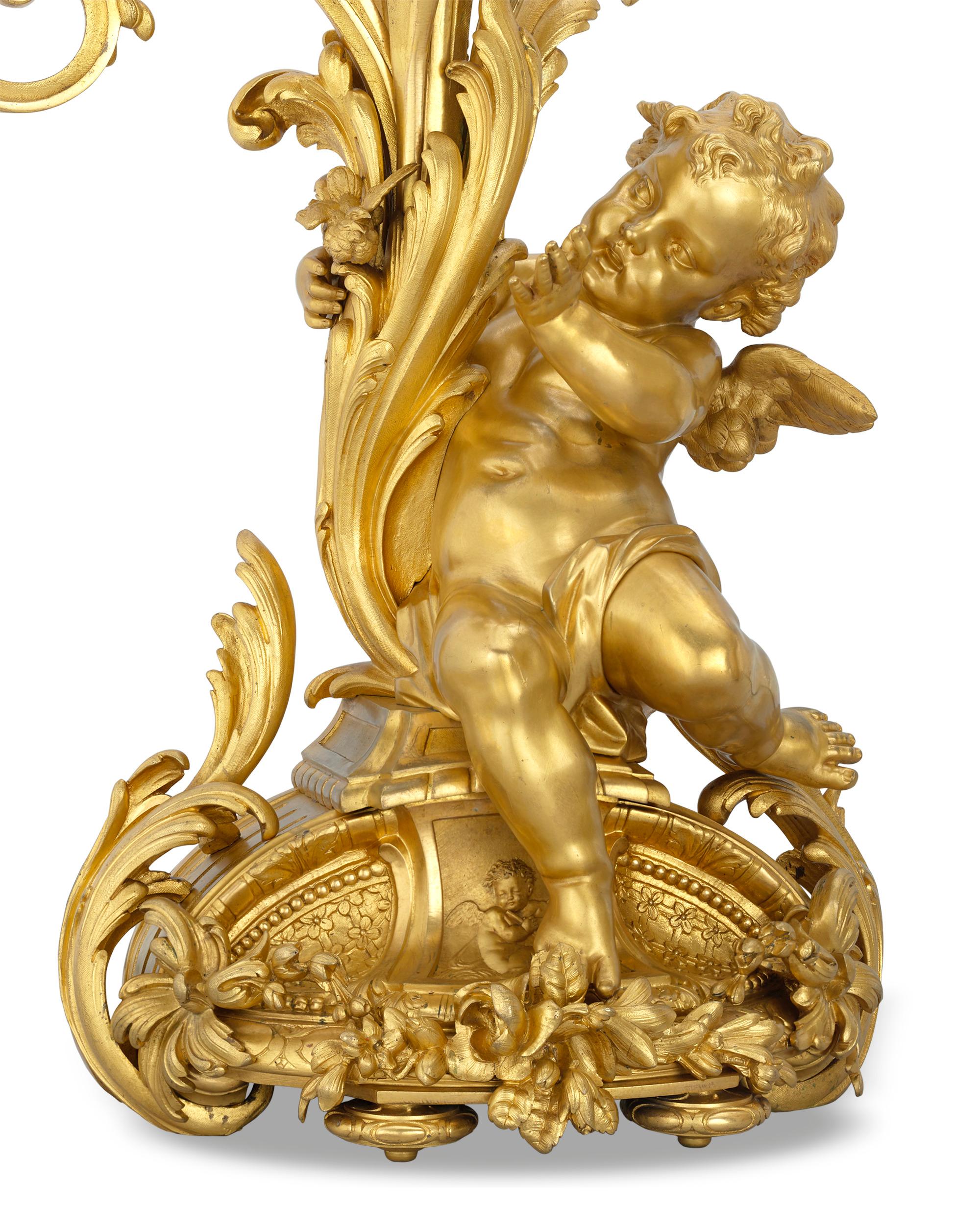 French Barbedienne Gilt Bronze Candelabra