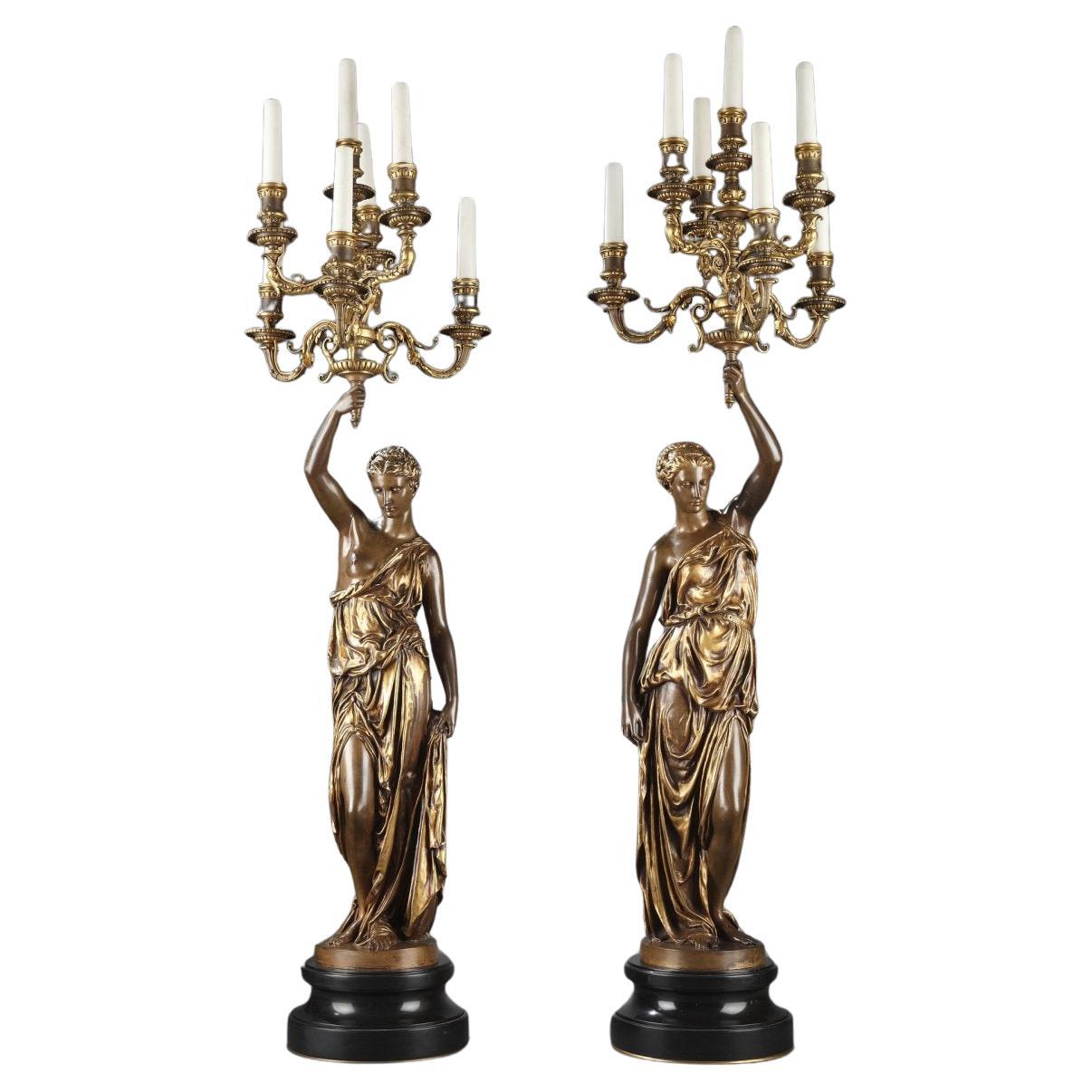 BARBEDIENNE - Ein Paar Bronzetorchièren des 19. Jahrhunderts von DUBOIS & FALGUIERE im Angebot