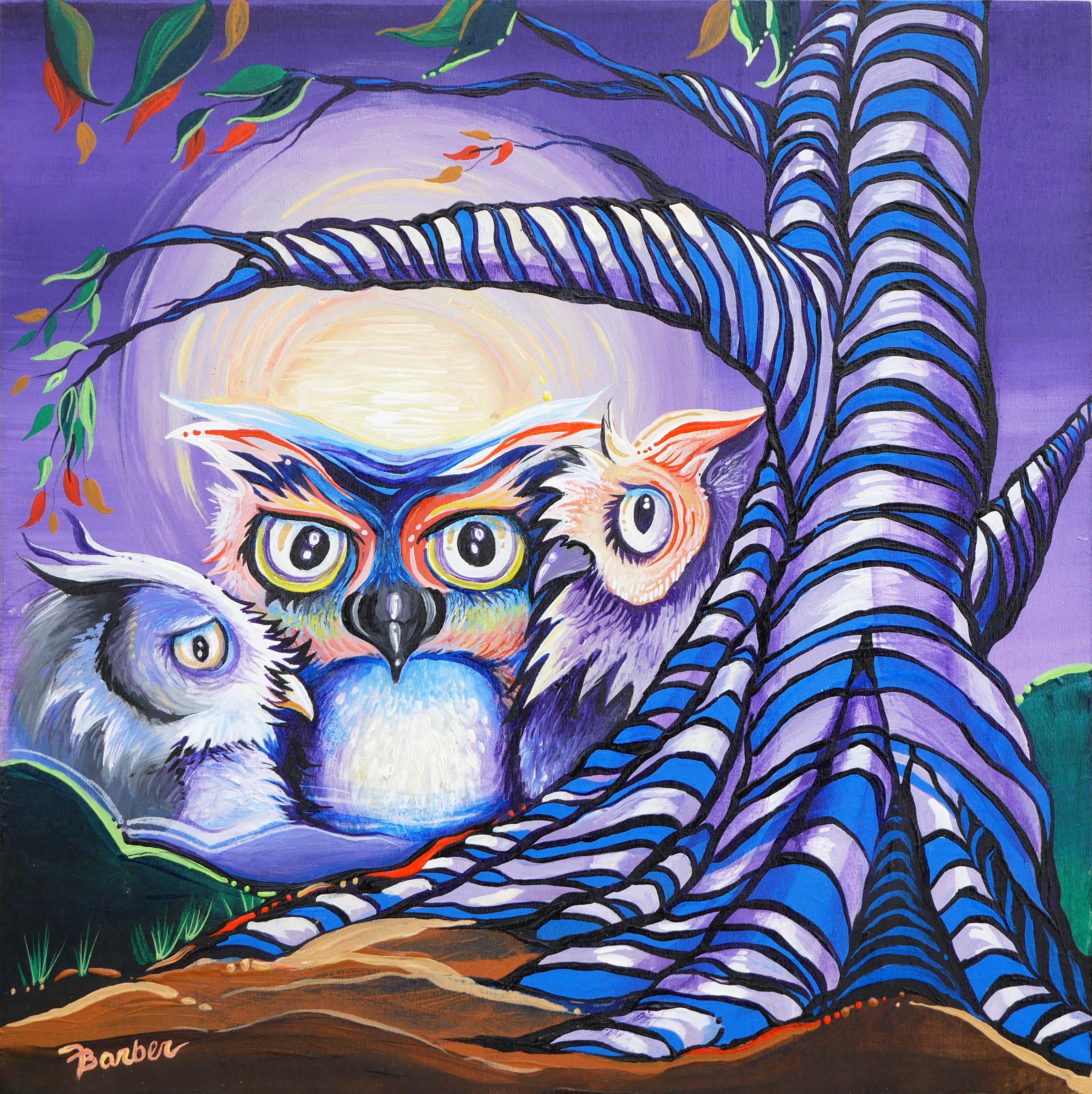 Peinture de hibou abstrait contemporaine violette 