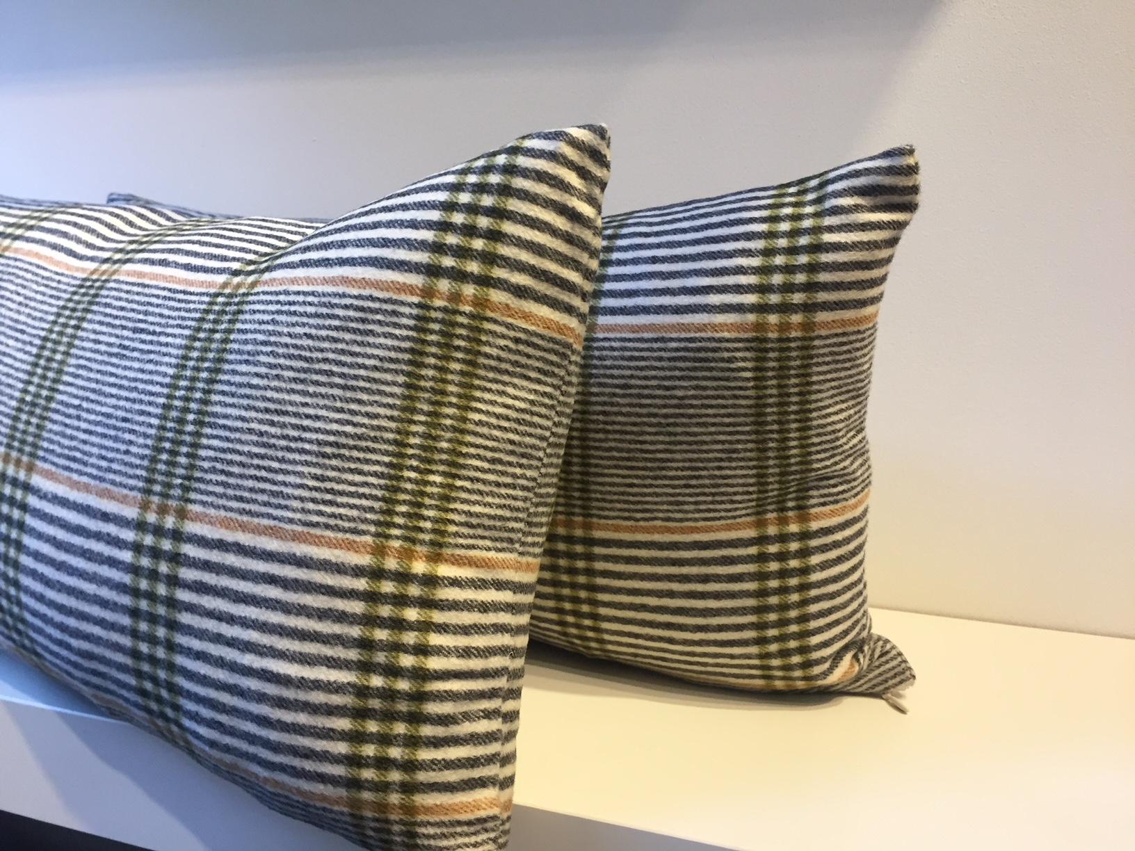German Barbera Cashmere Cushions Black and Lime Woven Check Pattern on Ivory