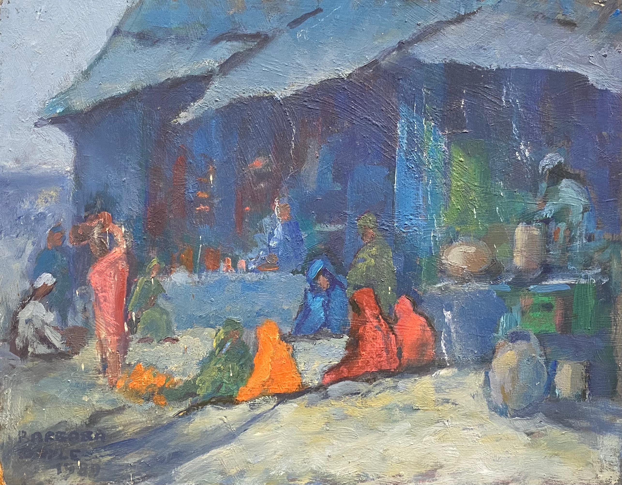 Barbera Doyle Figurative Painting - 1970's Impressionist Oil Painting - Mount Abu Market busy figurative scene
