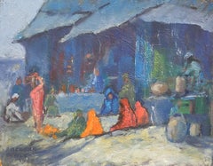 Vintage 1970's Impressionist Oil Painting - Mount Abu Market busy figurative scene