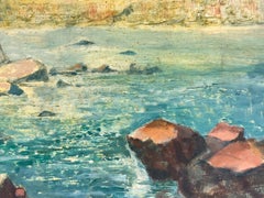 1970's Modern British Impressionist Oil Painting Spanish Coastal Blue Sea Rocks