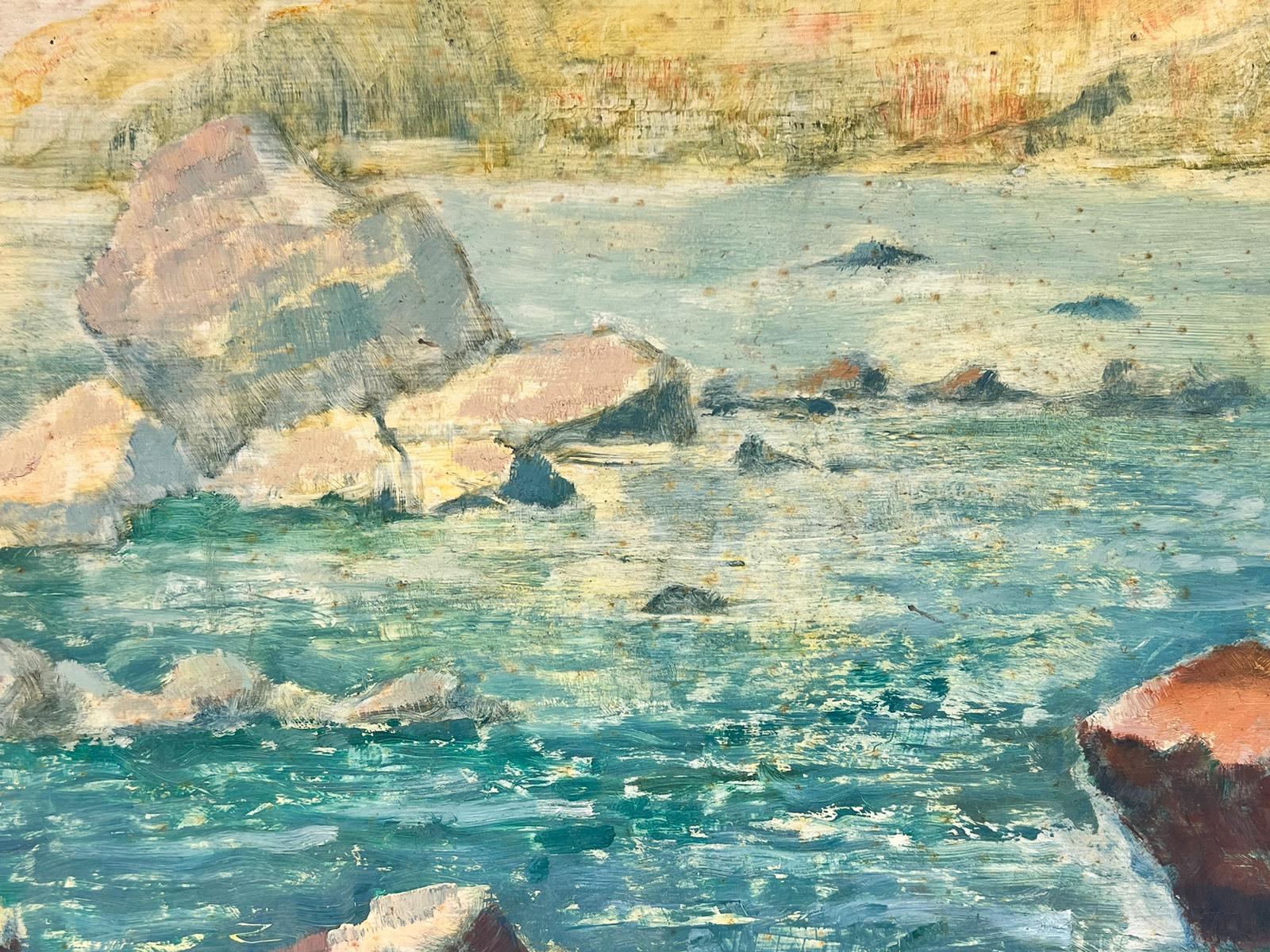 1970's Modern British Impressionist Oil Painting Spanish Coastal Blue Sea Rocks For Sale 1