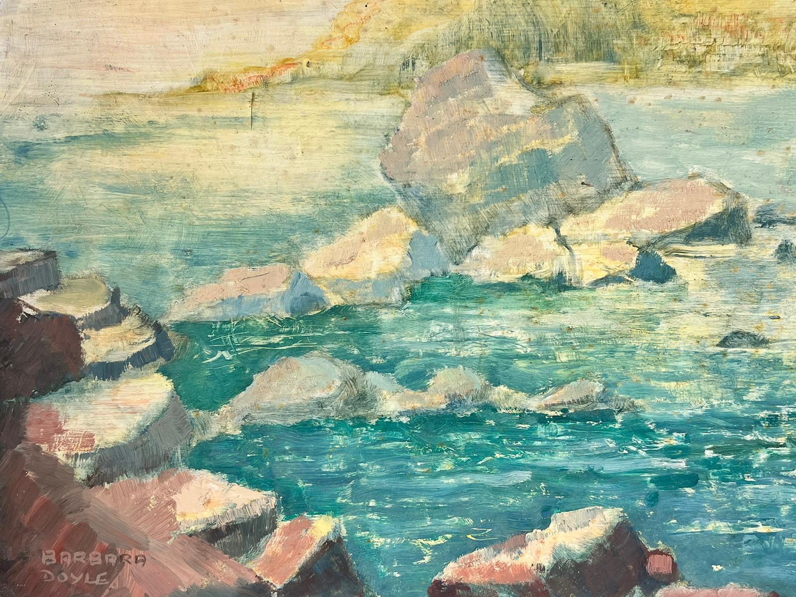 1970's Modern British Impressionist Oil Painting Spanish Coastal Blue Sea Rocks For Sale 2
