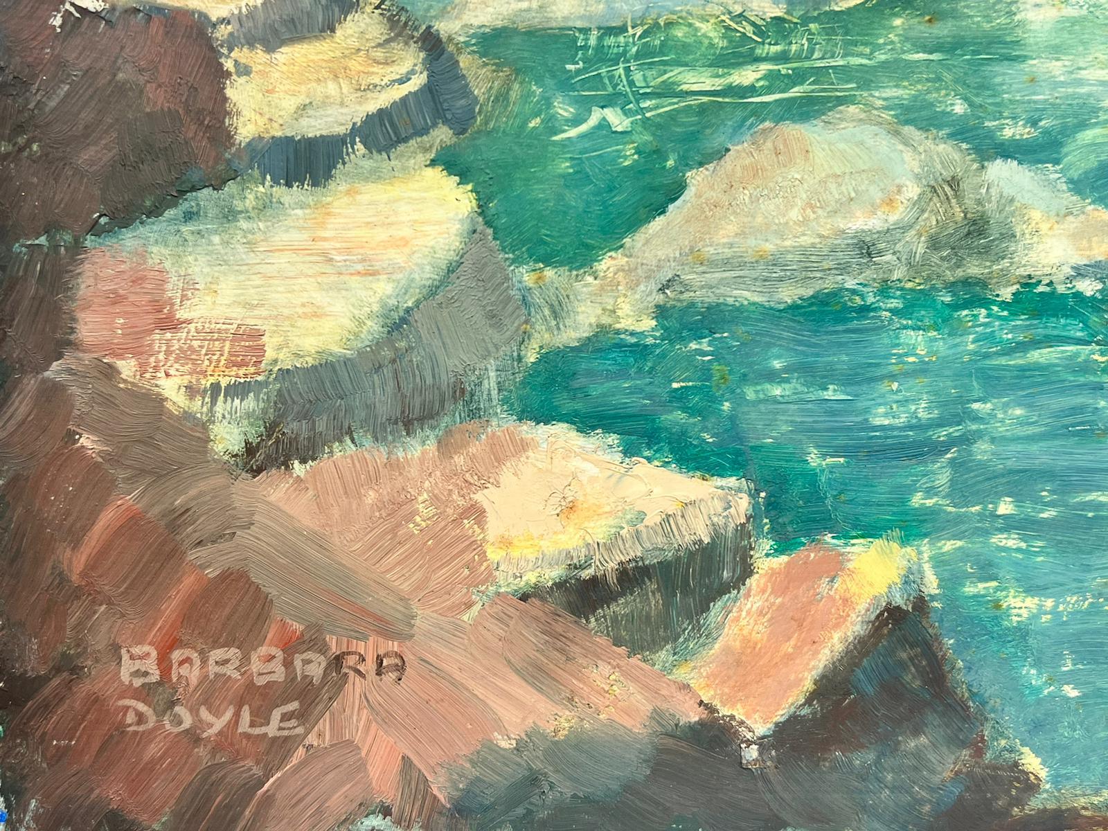 1970's Modern British Impressionist Oil Painting Spanish Coastal Blue Sea Rocks For Sale 3