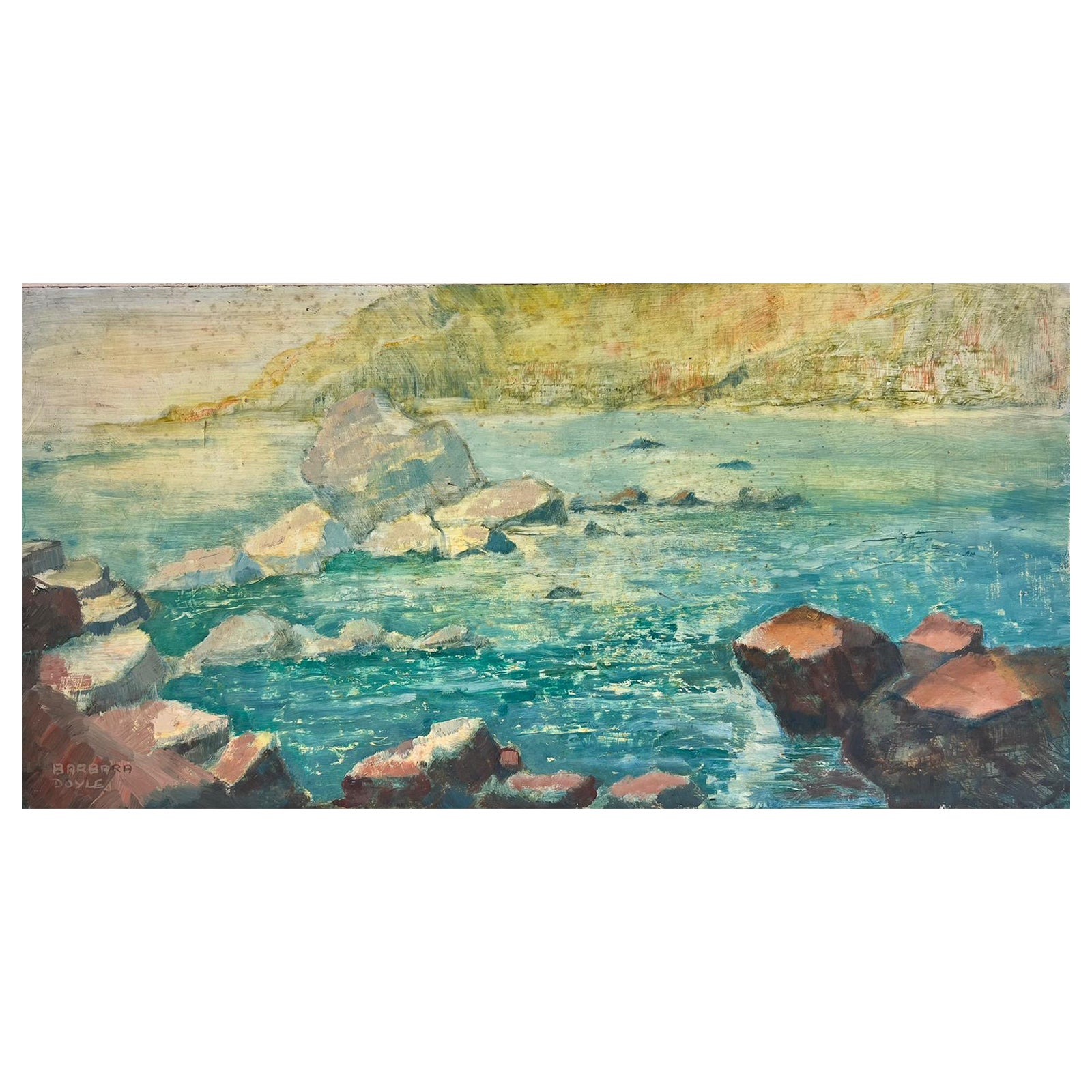 Landscape Painting di Barbera Doyle - 1970 Modern British Impressionista Pittura a olio Spagnolo Costiero Blu Rocce Marine