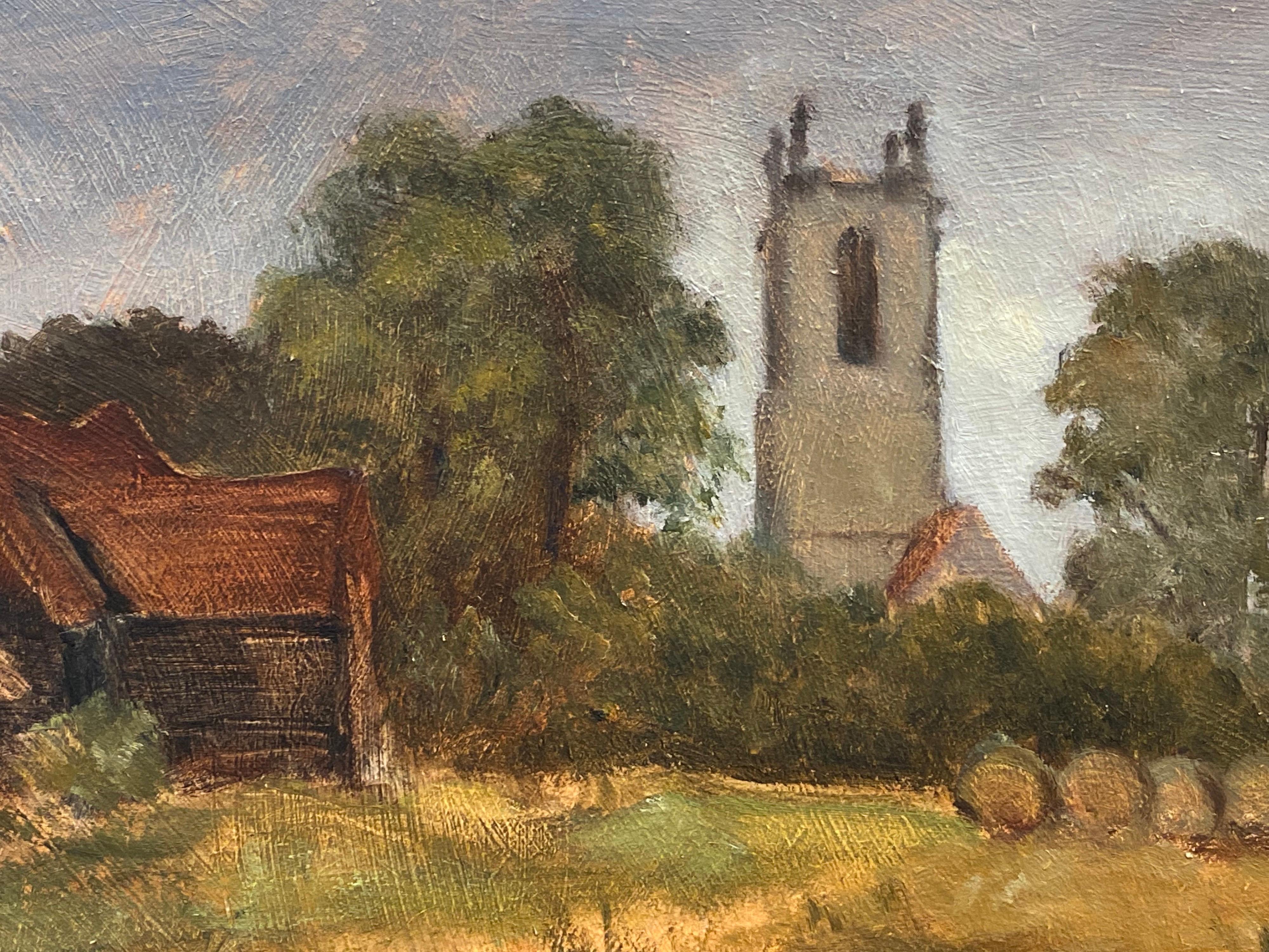 1970's MODERN BRITISH OIL PAINTING - ENGLISH RURAL CHURCH Golden meadows - Painting by Barbera Doyle