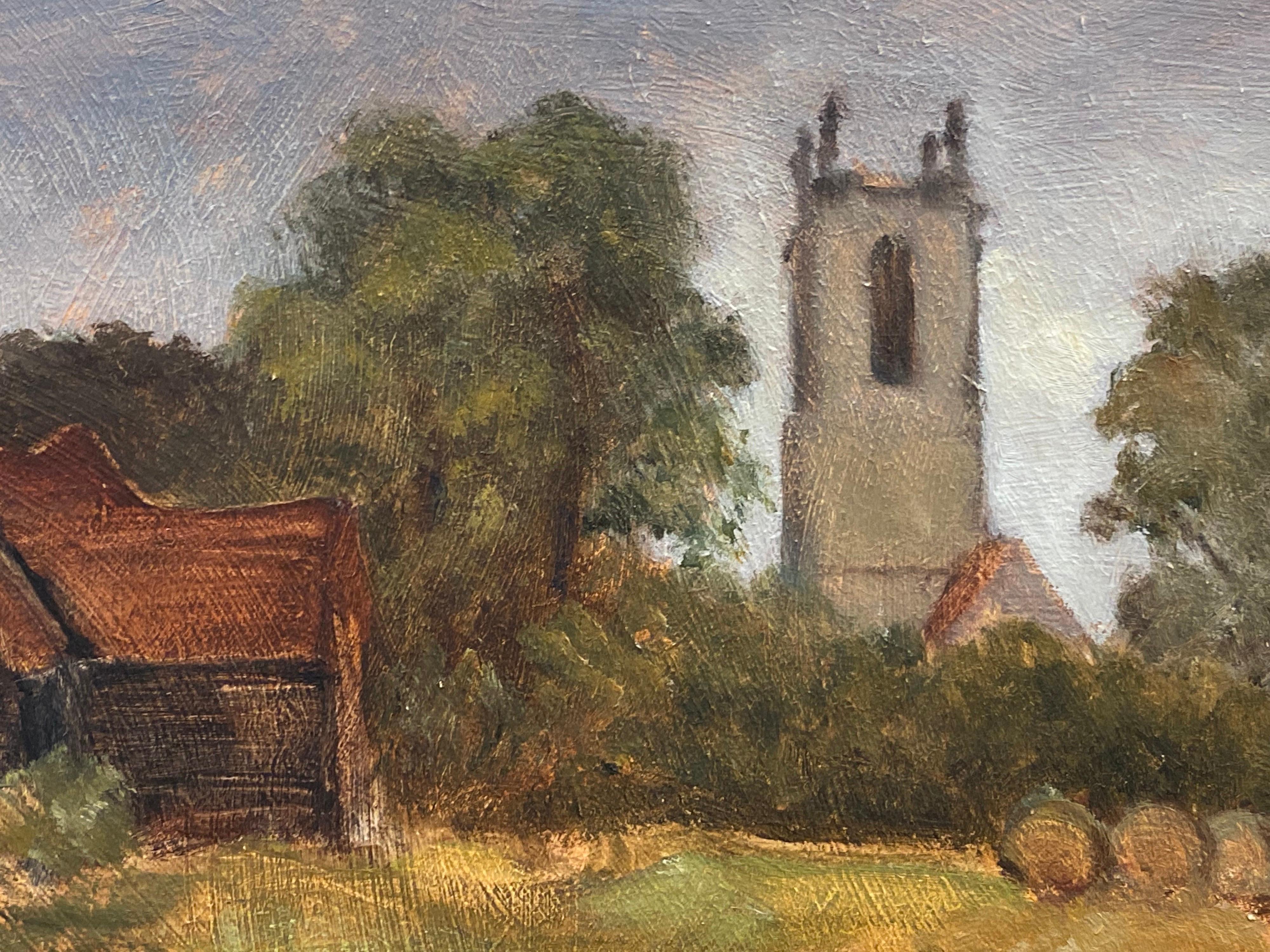 1970's MODERN BRITISH OIL PAINTING - ENGLISH RURAL CHURCH Golden meadows - Brown Landscape Painting by Barbera Doyle