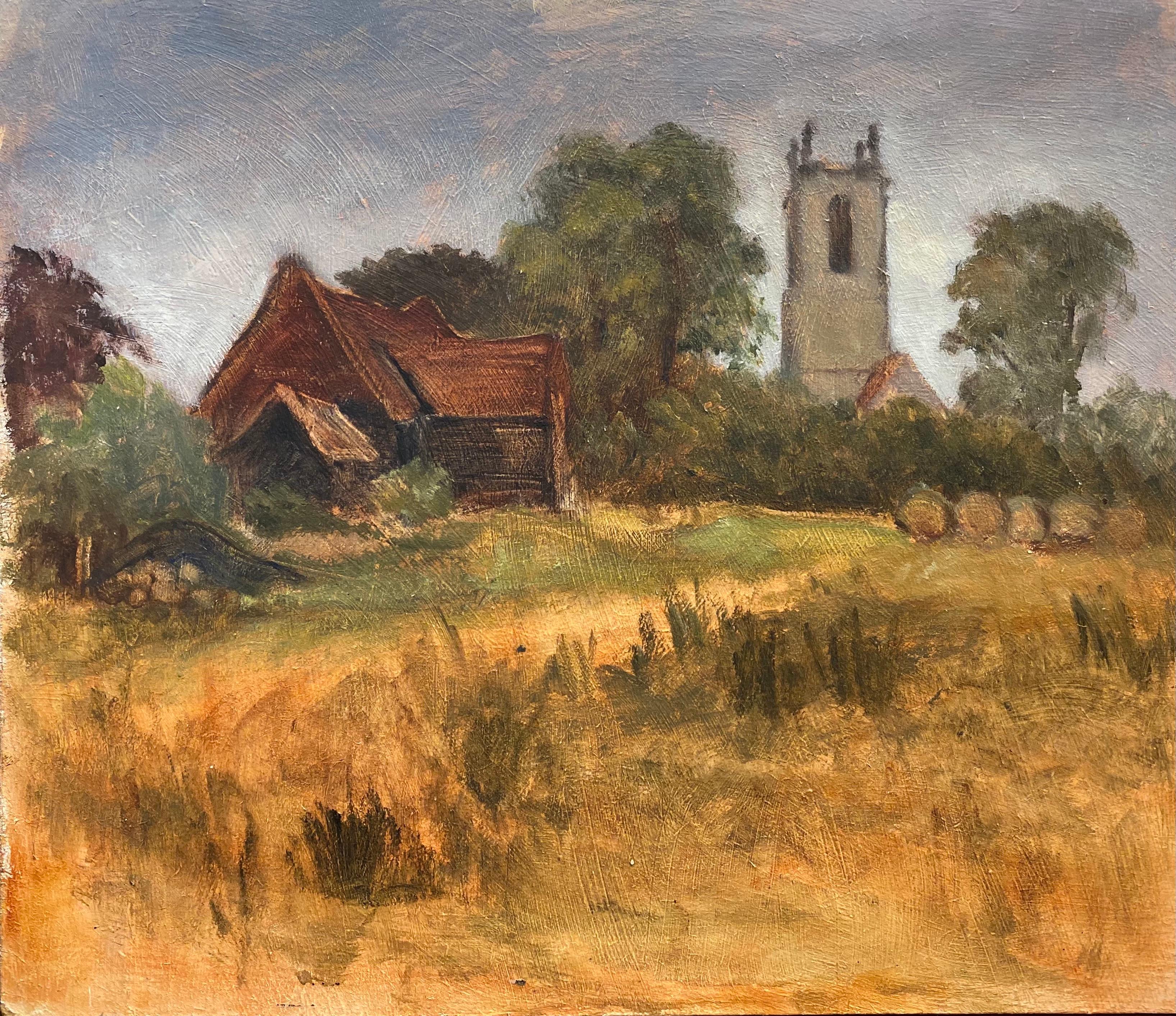 Barbera Doyle Landscape Painting - 1970's MODERN BRITISH OIL PAINTING - ENGLISH RURAL CHURCH Golden meadows