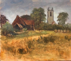 1970's MODERN BRITISH OIL PAINTING - ENGLISH RURAL CHURCH Golden meadows