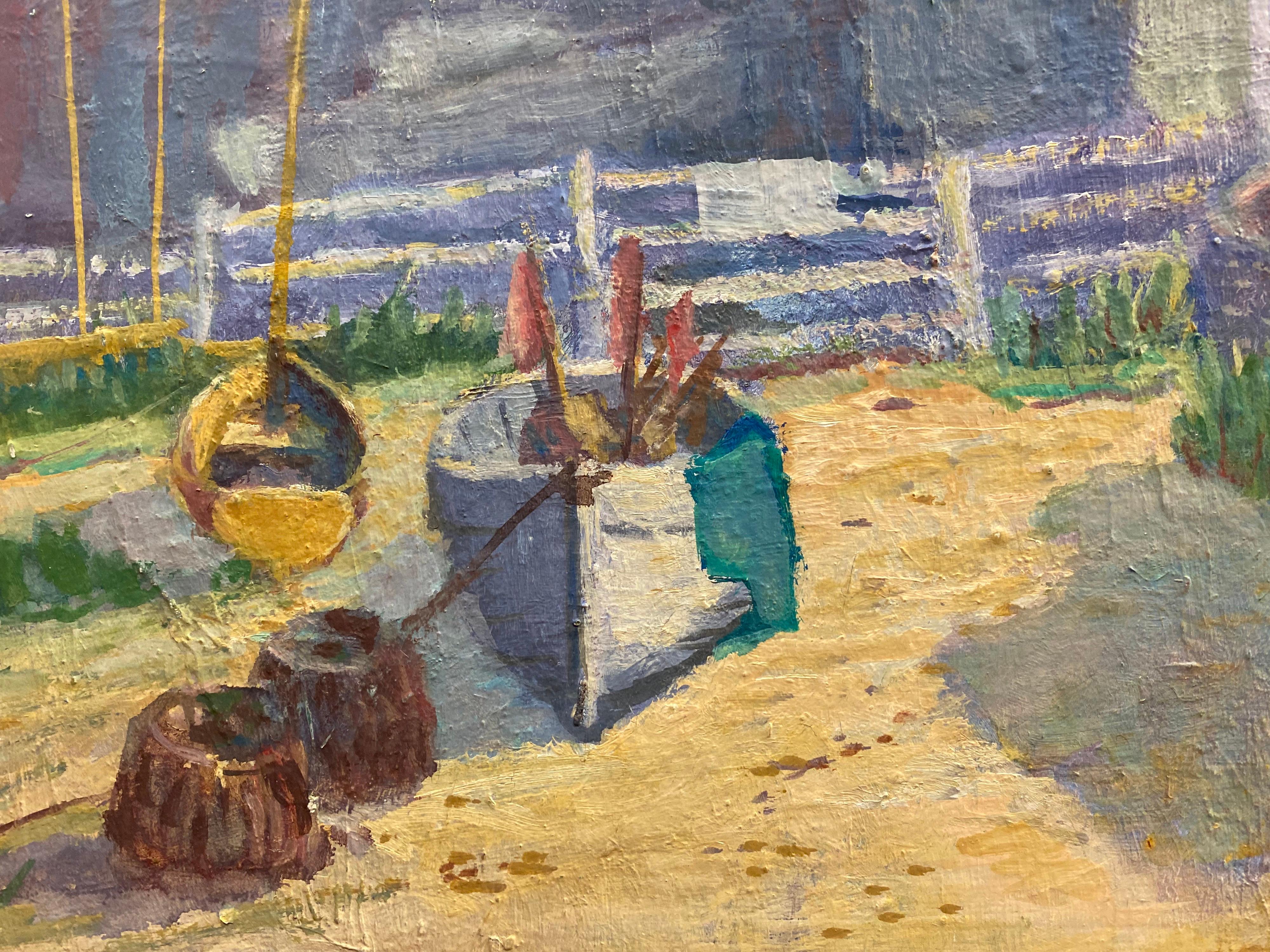 BARBARA DOYLE (B.1917) 1970er Jahre MODERNES SCHWARZES OIL PAINTING - Das Bootsviertel – Painting von Barbera Doyle