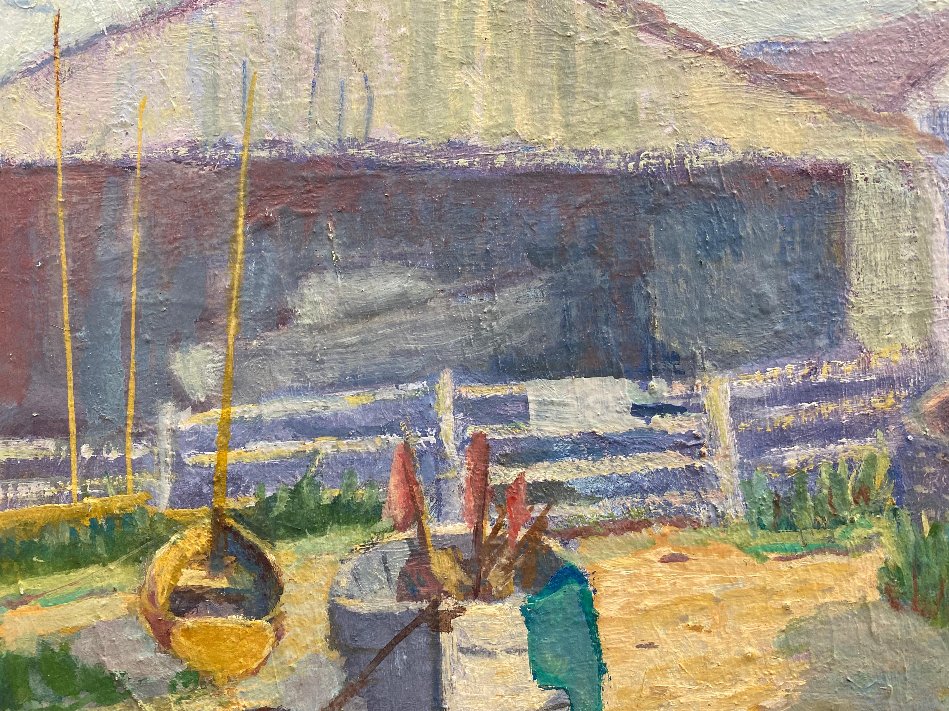 BARBARA DOYLE (B.1917) 1970er Jahre MODERNES SCHWARZES OIL PAINTING - Das Bootsviertel (Impressionismus), Painting, von Barbera Doyle