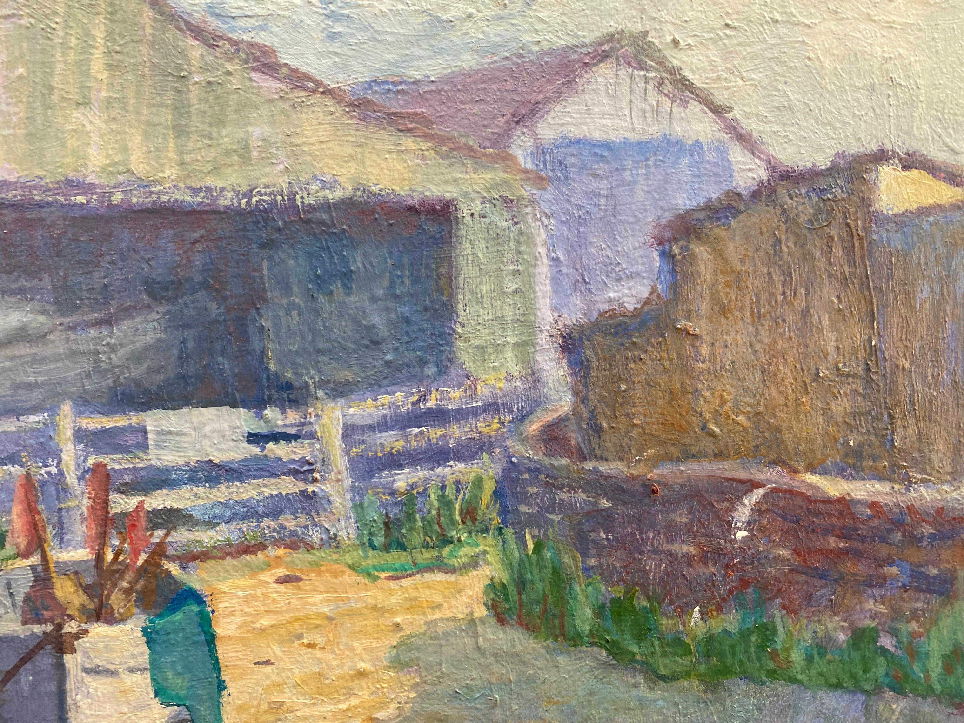 BARBARA DOYLE (B.1917) 1970er Jahre MODERNES SCHWARZES OIL PAINTING - Das Bootsviertel (Braun), Landscape Painting, von Barbera Doyle
