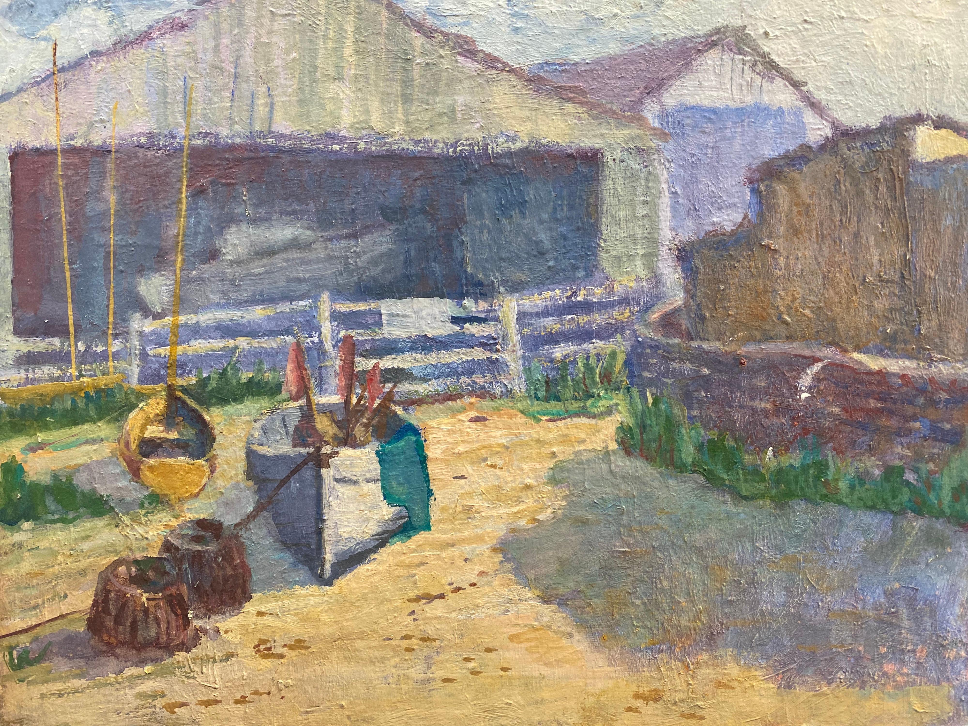 Barbera Doyle Landscape Painting – BARBARA DOYLE (B.1917) 1970er Jahre MODERNES SCHWARZES OIL PAINTING - Das Bootsviertel