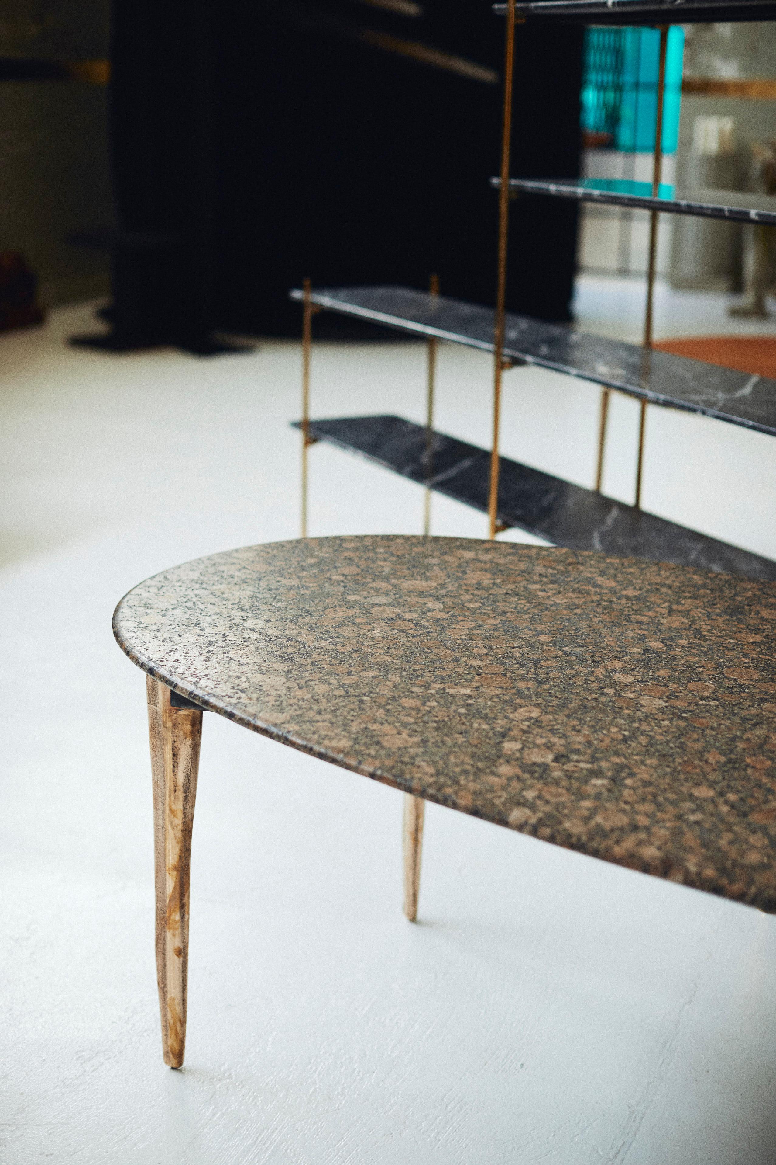 Australian Barbera 'OSSO' Oval Dining Table, Modern Solid Bronze Base with Stone Top For Sale
