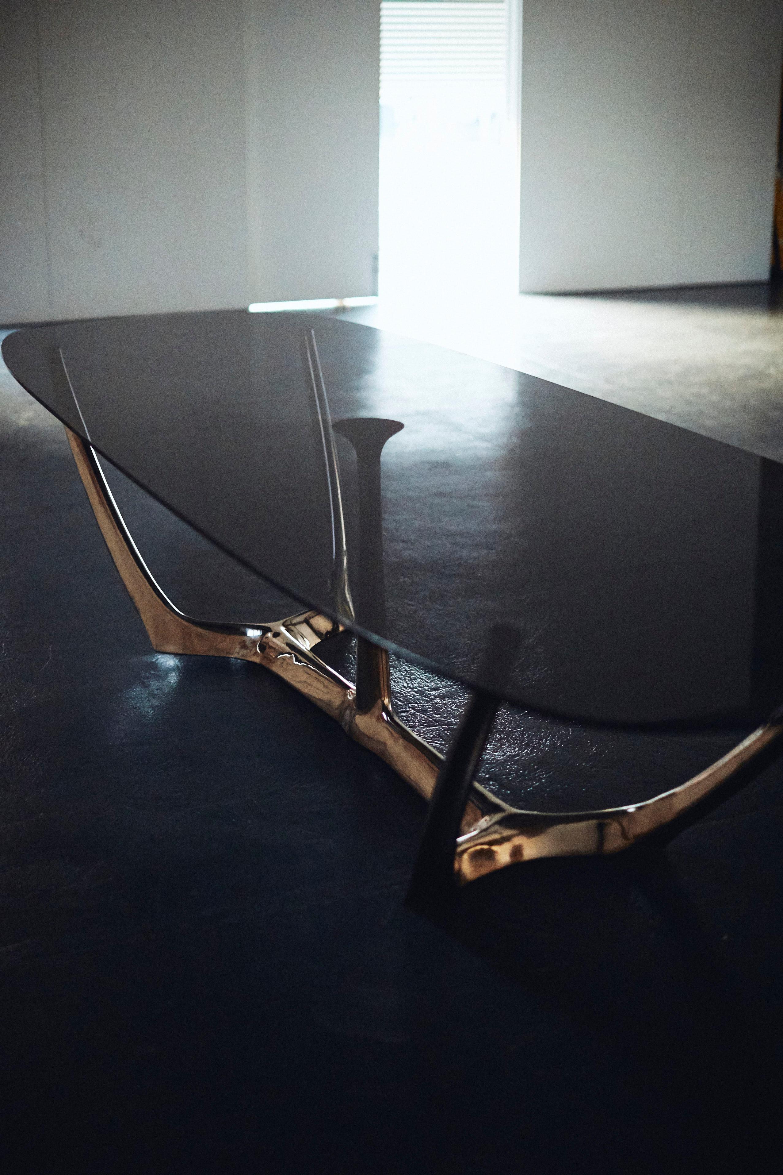 Blackened Barbera 'the Great Dining' Table, Modern Solid Bronze Base with Grey Glass Top For Sale