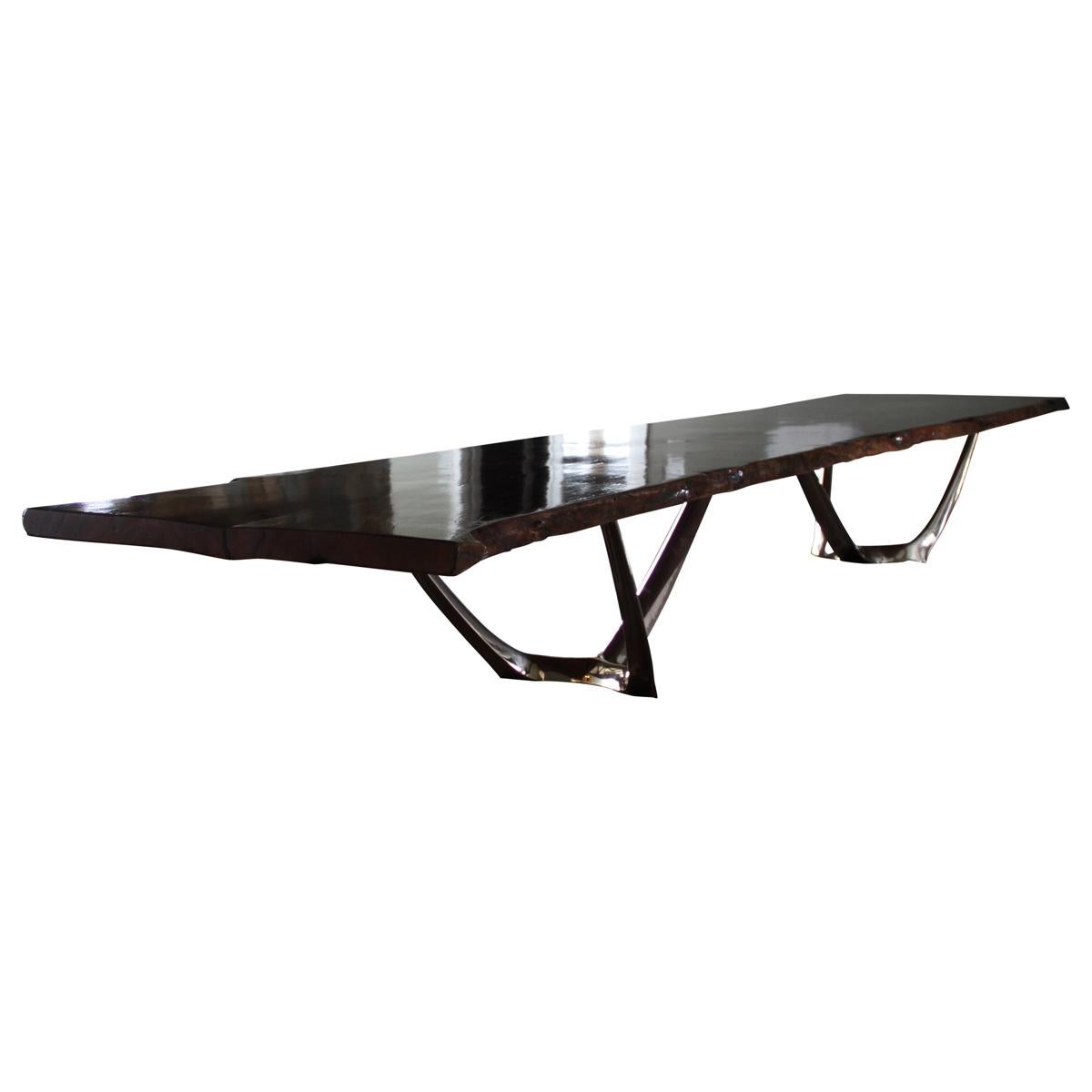 Barbera Wishbone Table, Modern Solid Bronze Base Redgum Live Edge Top