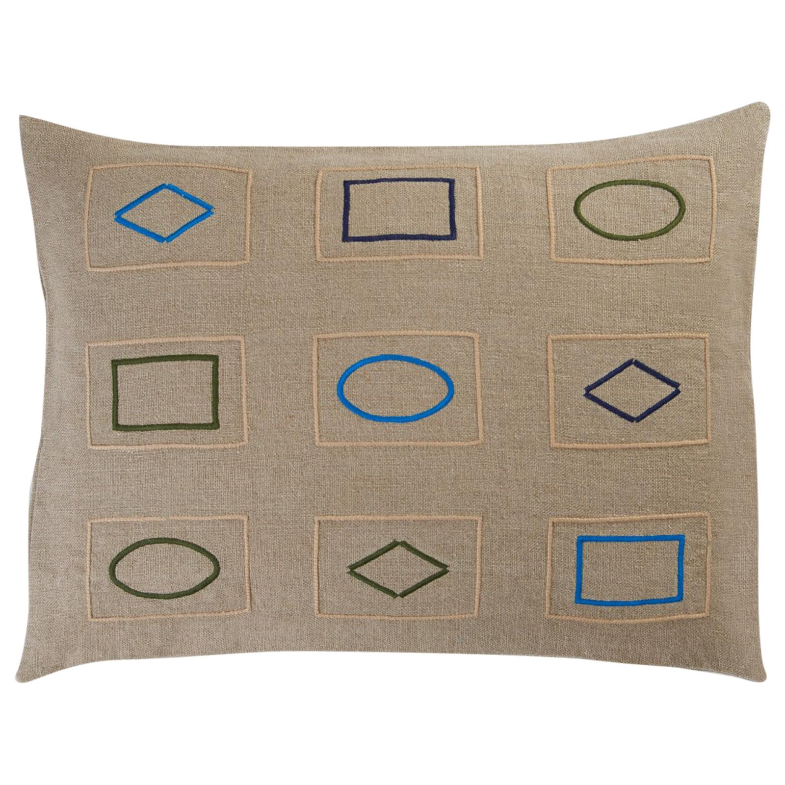 Barberton BG Hand Embroidered Beige Linen Pillow Cover For Sale